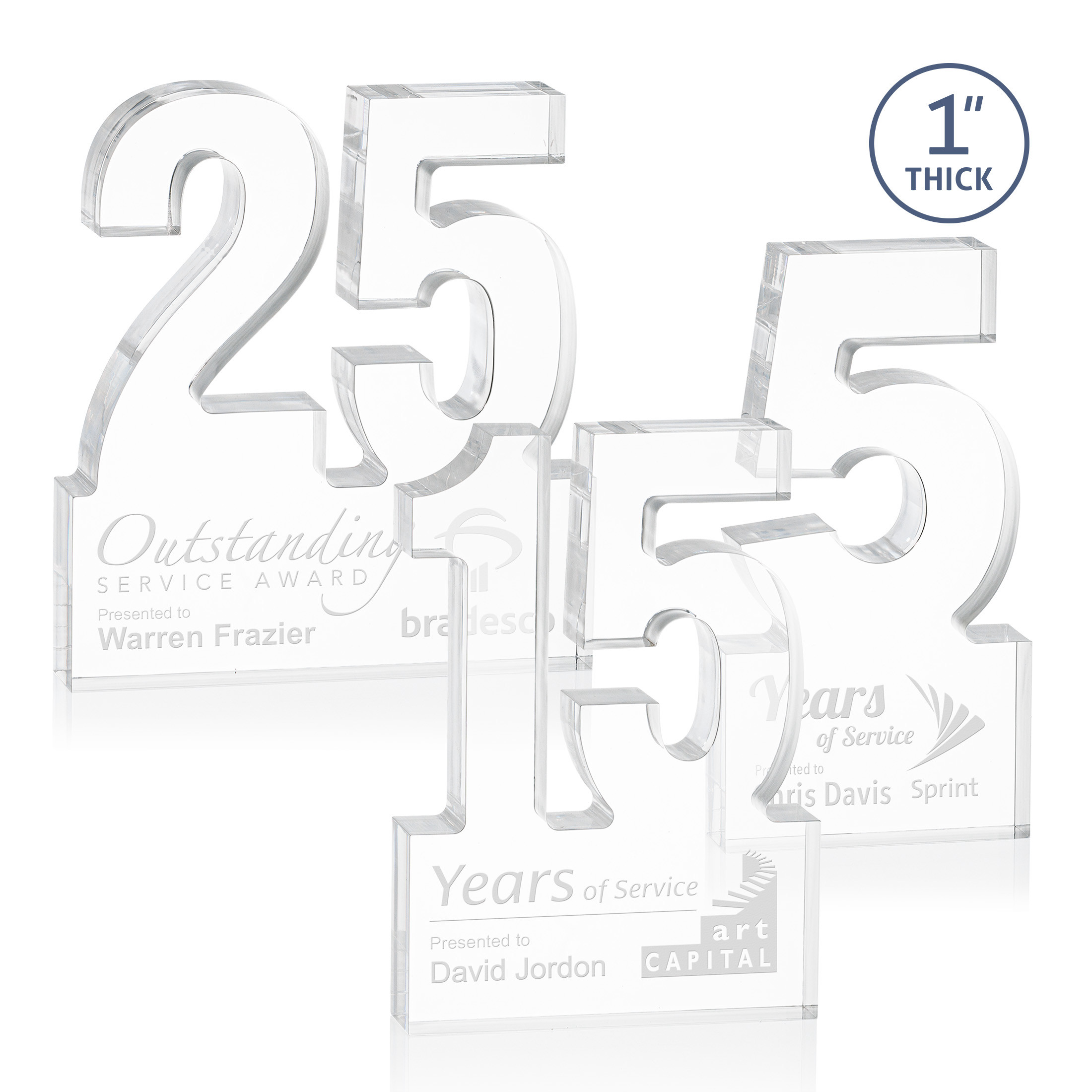 Freestanding acrylic award with molded numbers and a customizable engraved base.