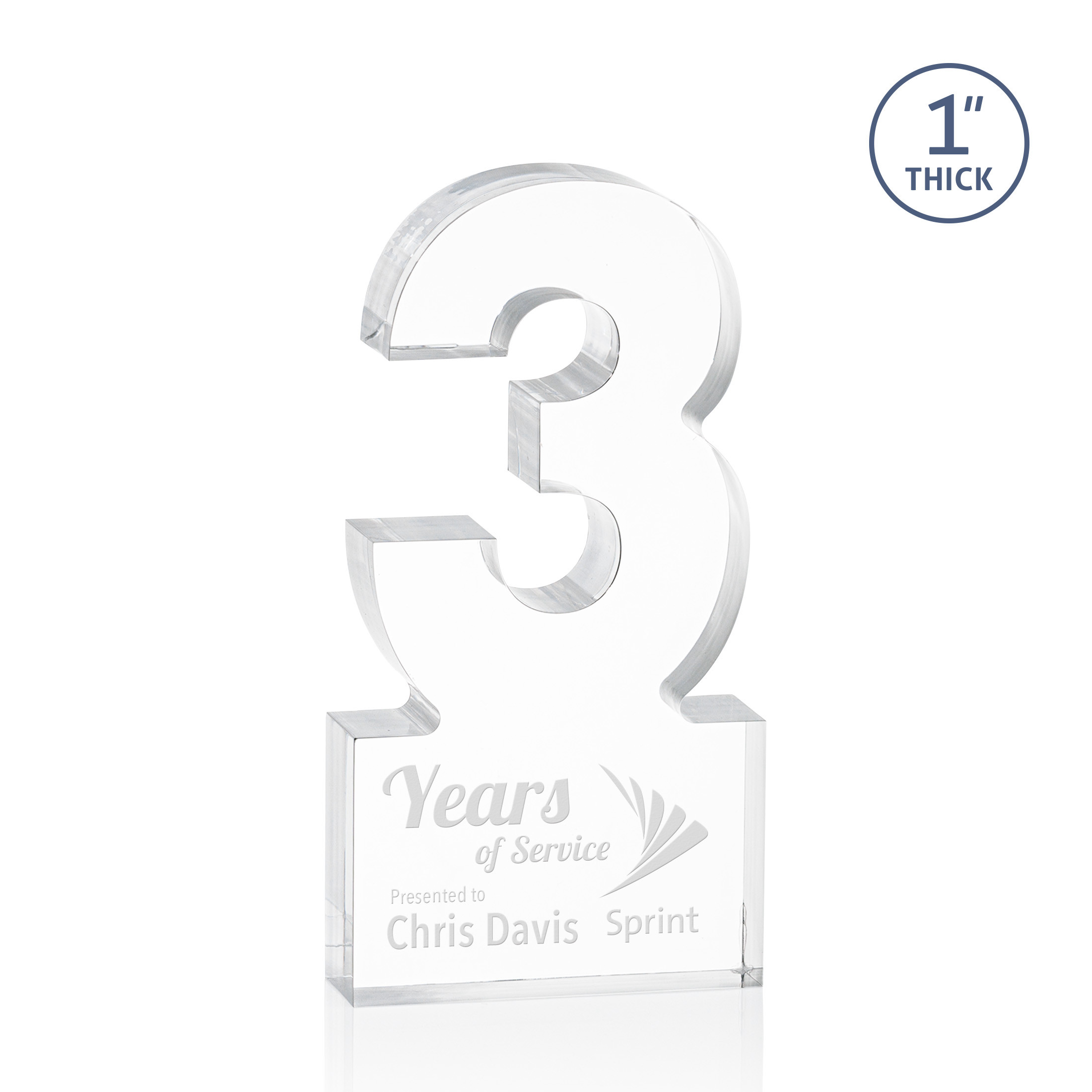 Freestanding acrylic award with molded numbers and a customizable engraved base.