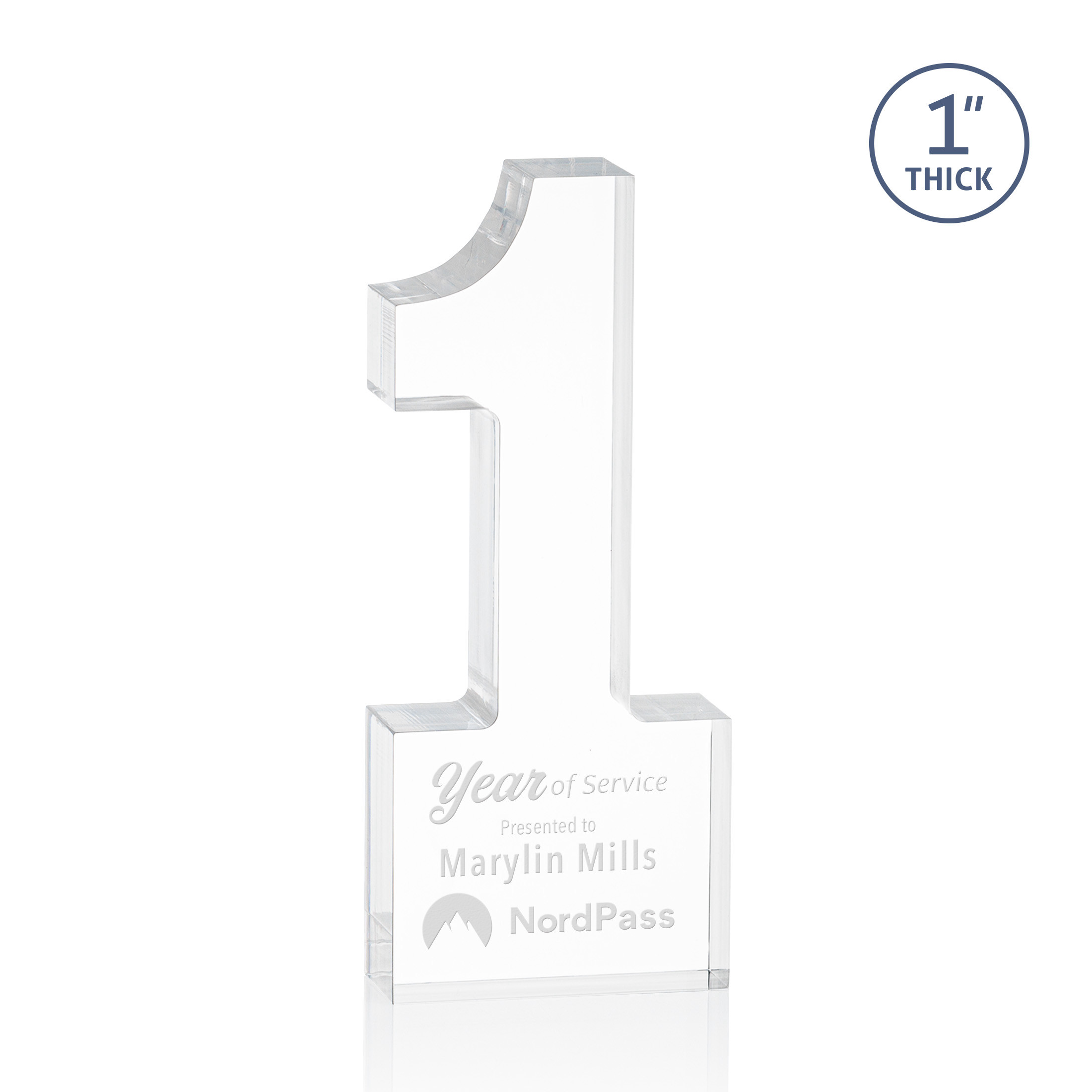 Freestanding acrylic award with molded numbers and a customizable engraved base.