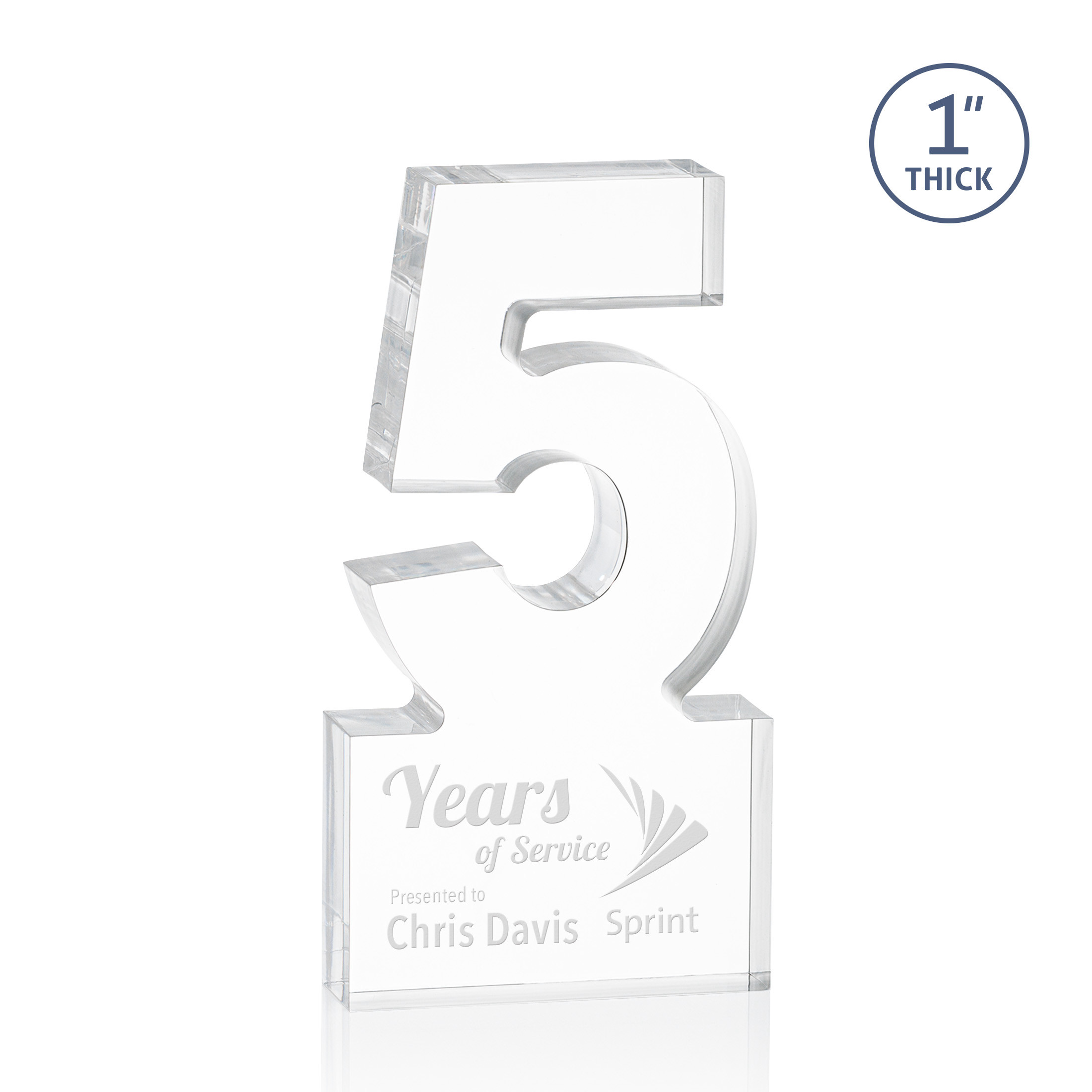 Freestanding acrylic award with molded numbers and a customizable engraved base.