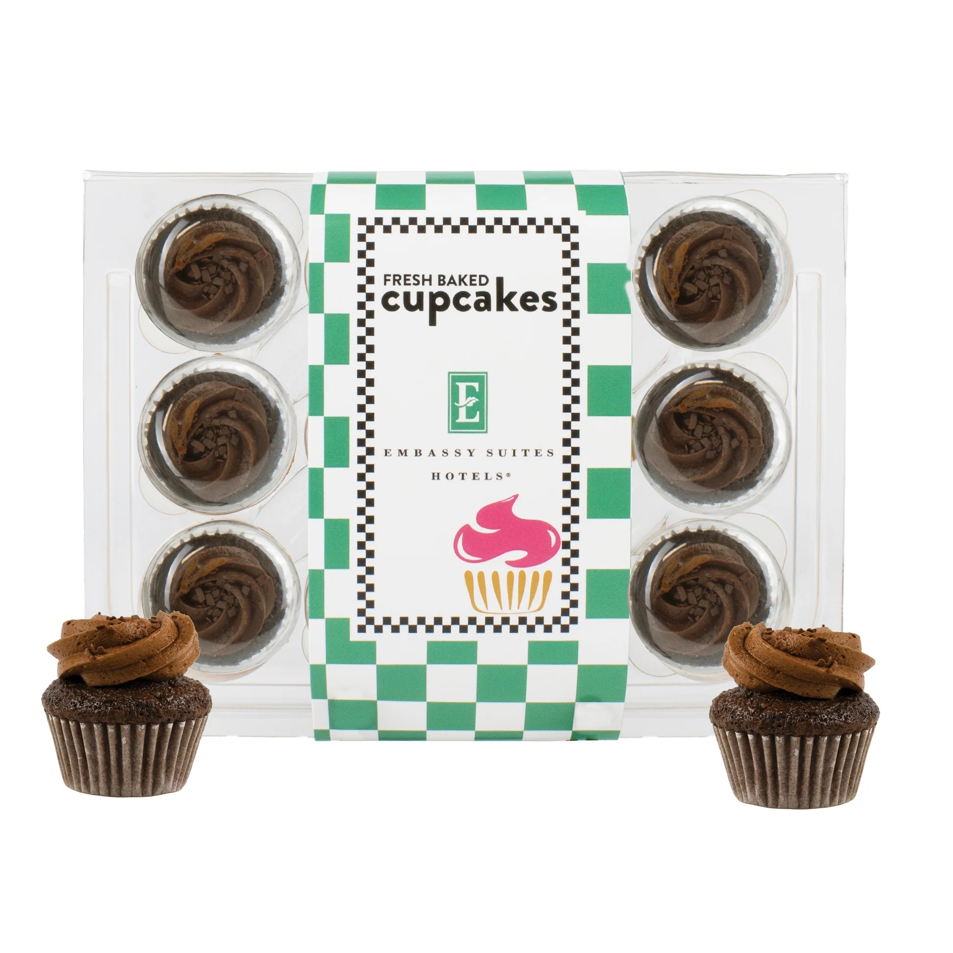 Chocolate bite-size cupcake collection featuring freshly baked chocolate cupcakes presented in a packaged sleeve.