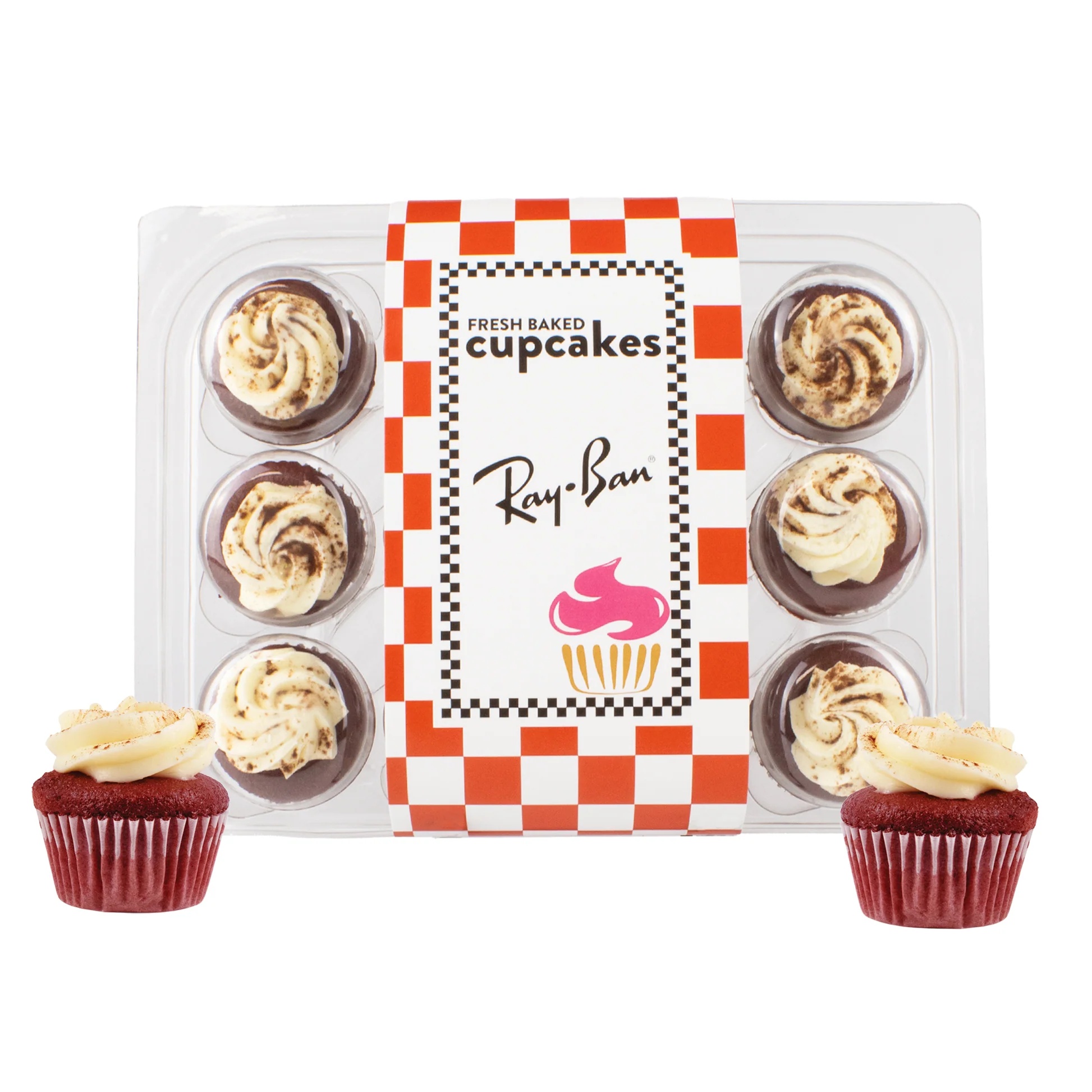 Red Velvet bite-size cupcake collection featuring freshly baked red velvet cupcakes presented in a packaged sleeve.