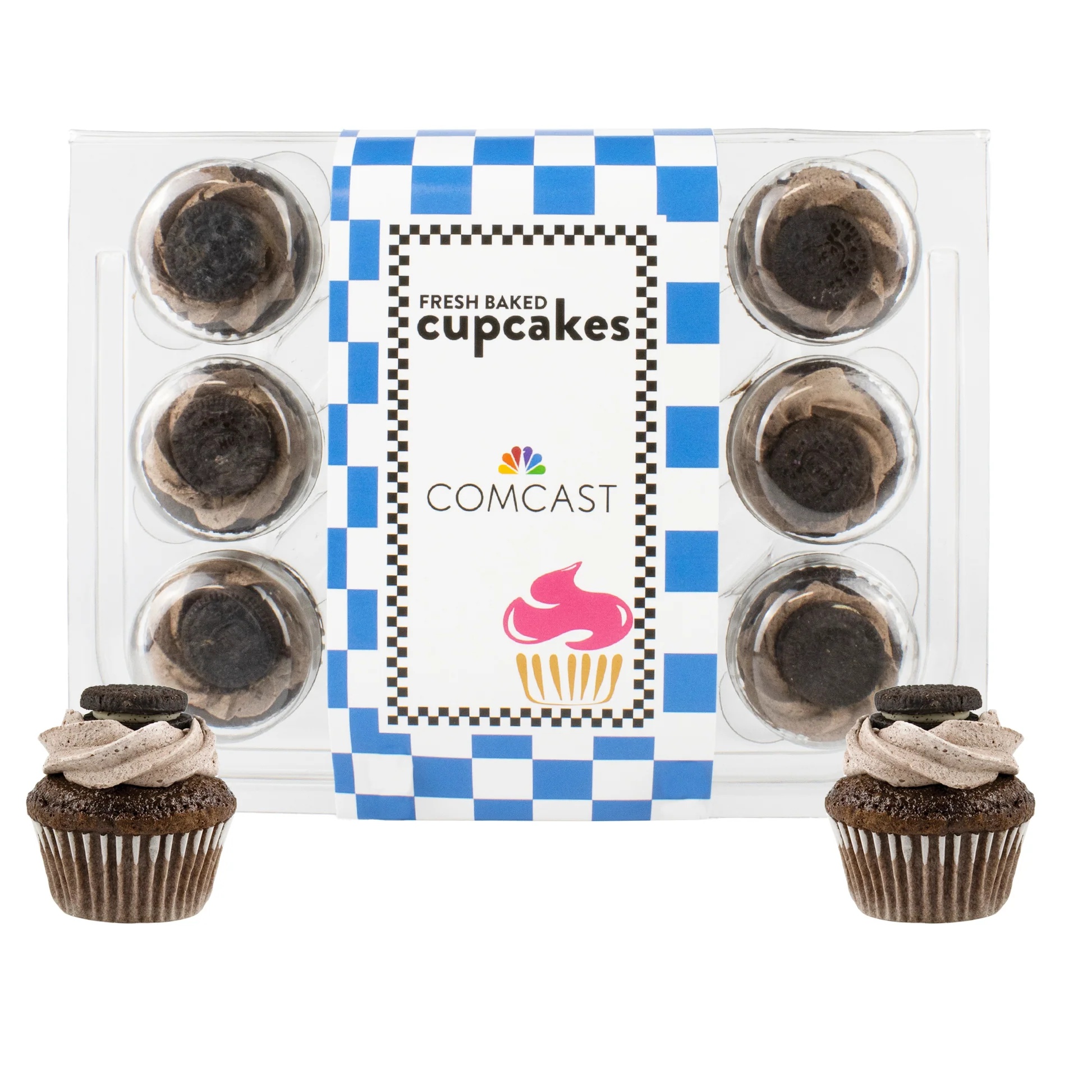 Chocolate Cookies & Cream bite-size cupcake collection featuring chocolate cupcakes with cookies and cream flavor presented in a packaged sleeve.
