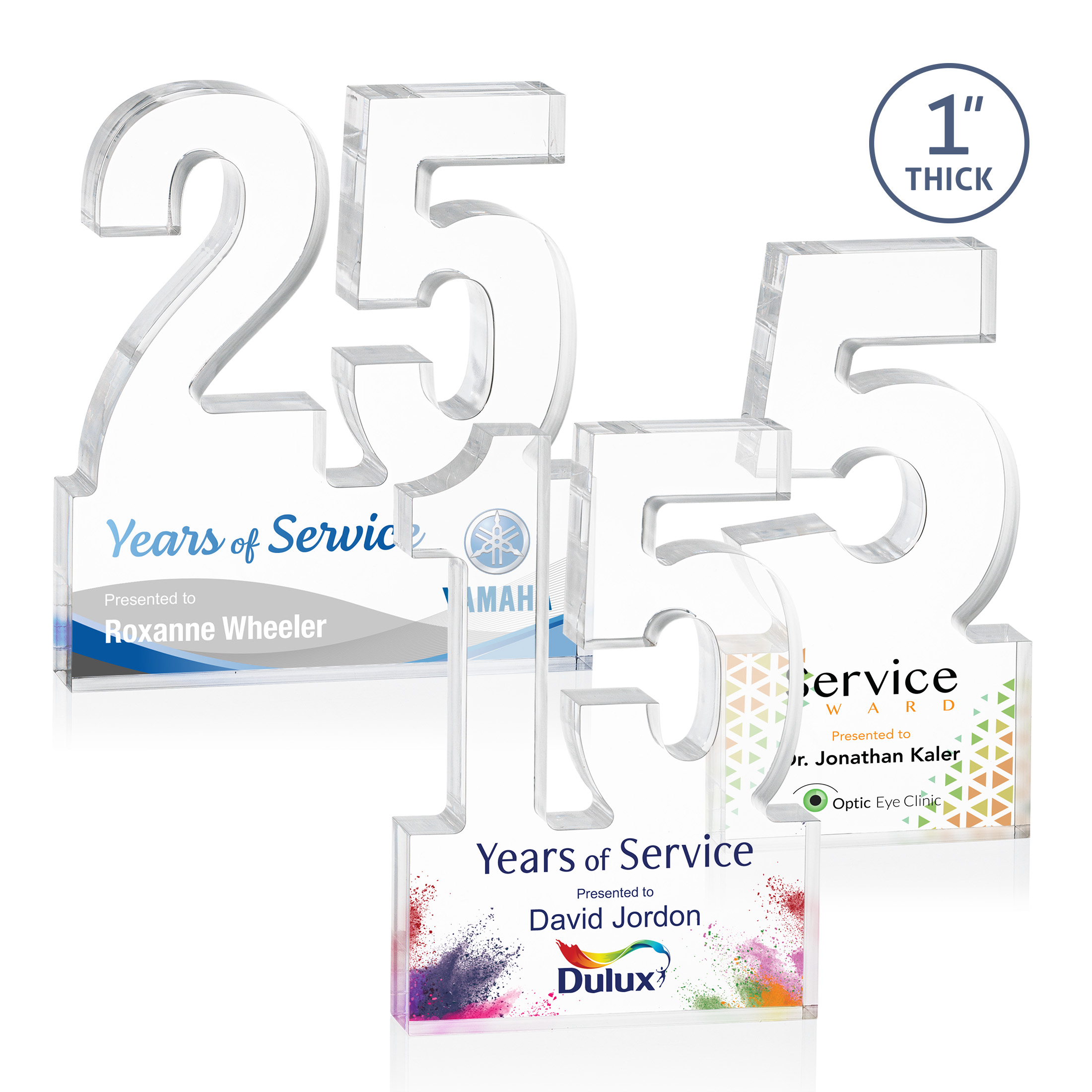 Freestanding acrylic award with molded numbers and a customizable engraved base.