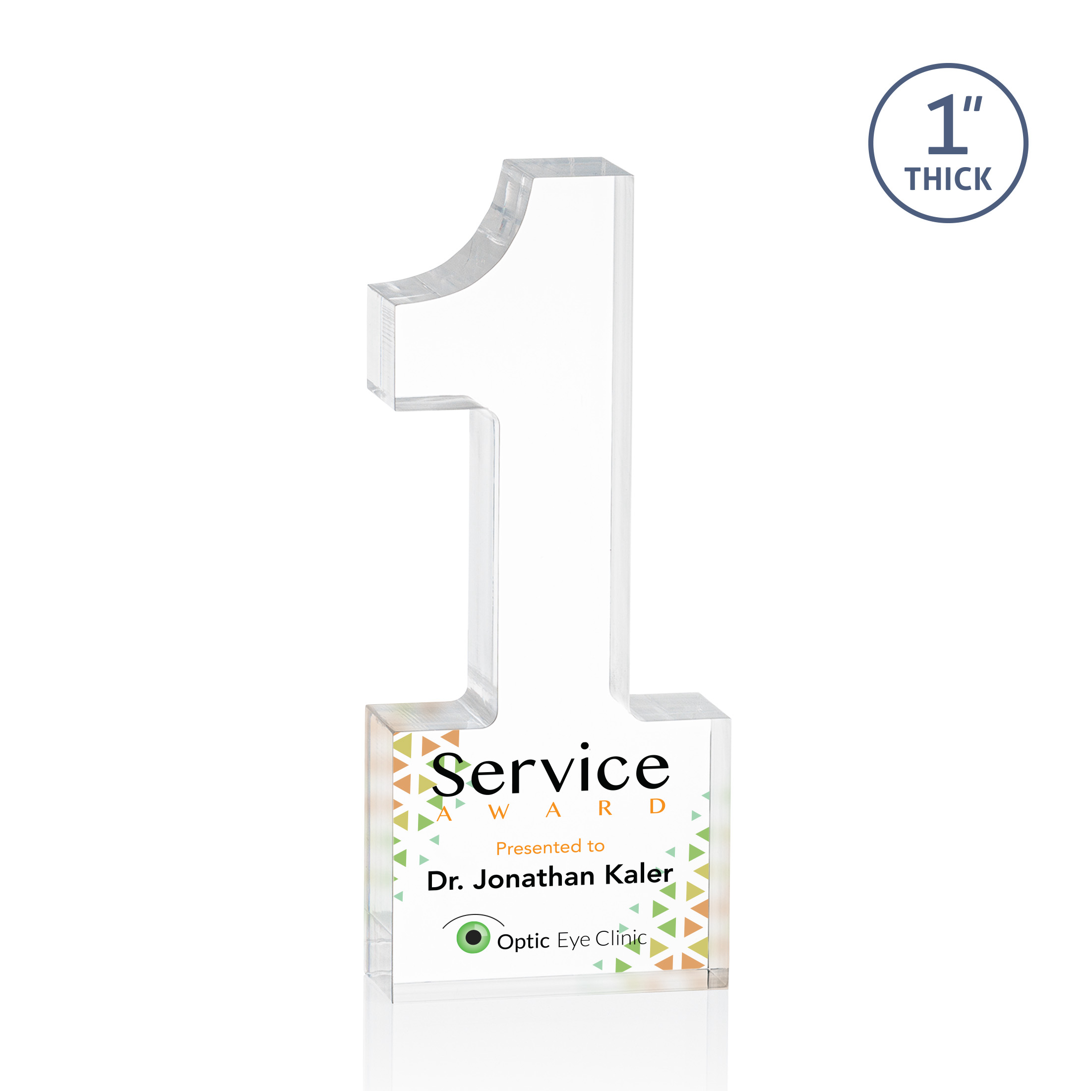 Freestanding acrylic award with molded numbers and a customizable engraved base.