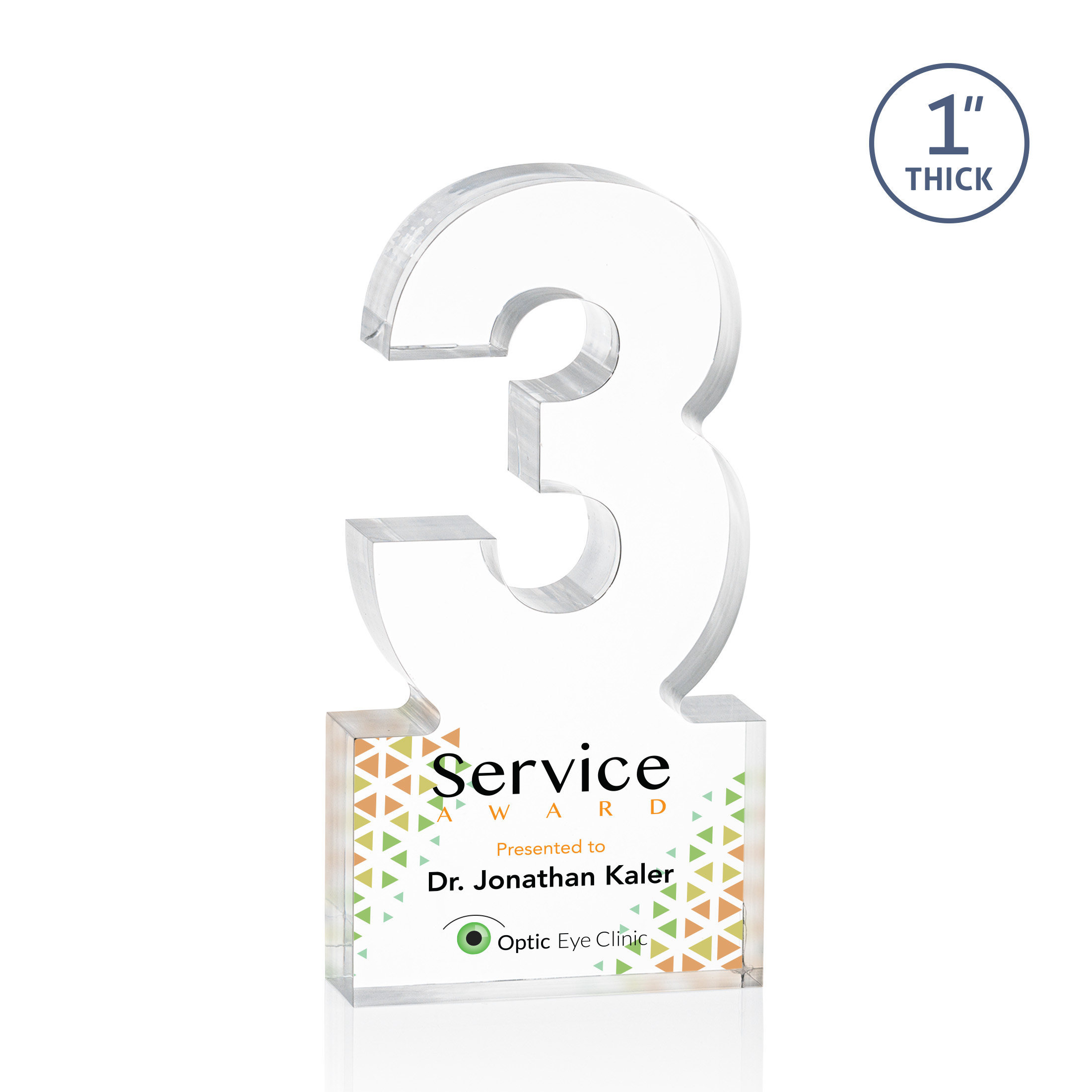 Freestanding acrylic award with molded numbers and a customizable engraved base.