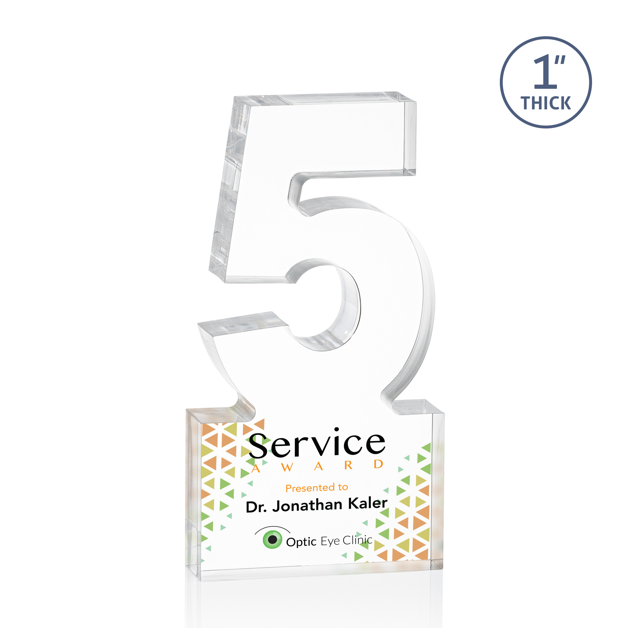 Freestanding acrylic award with molded numbers and a customizable engraved base.