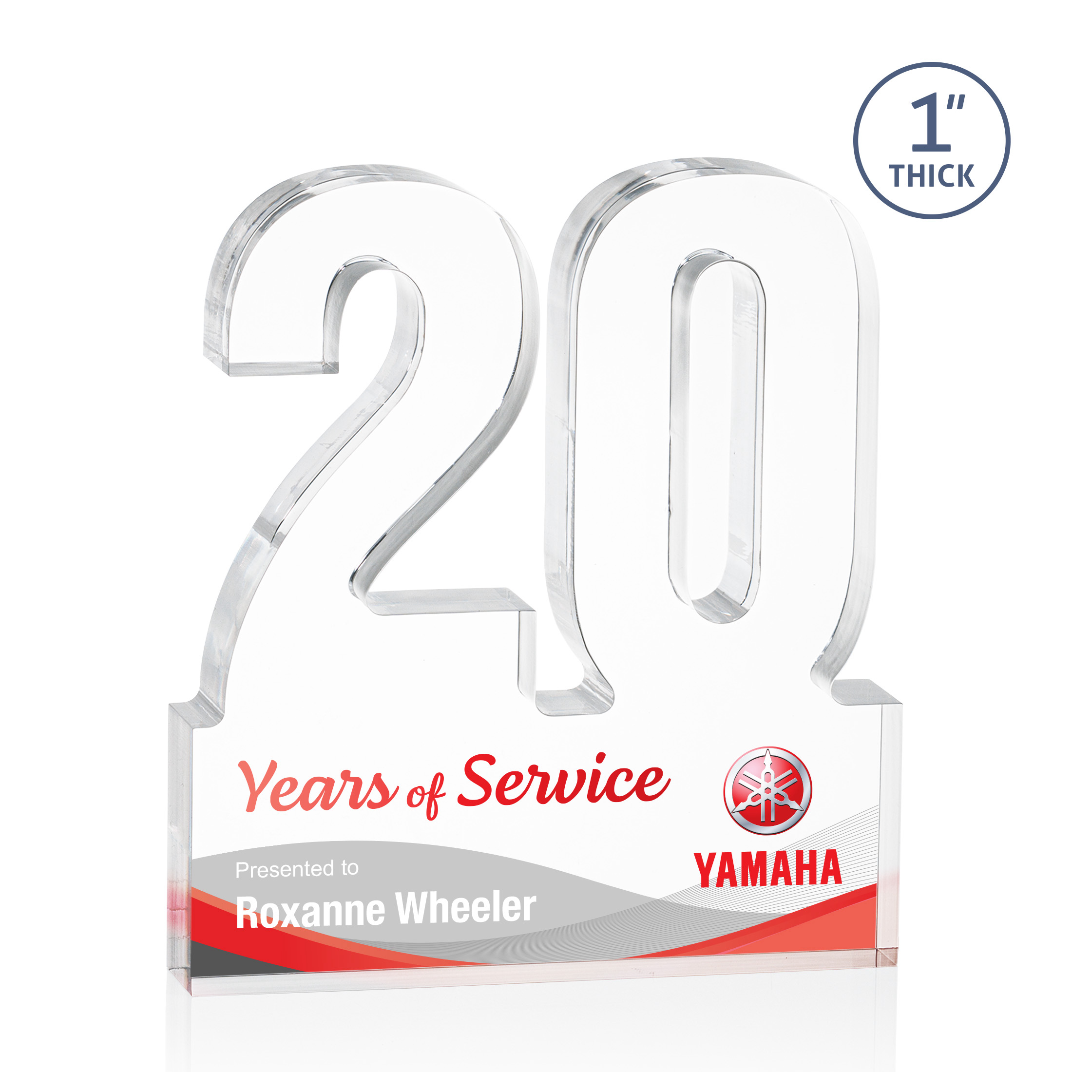 Freestanding acrylic award with molded numbers and a customizable engraved base.