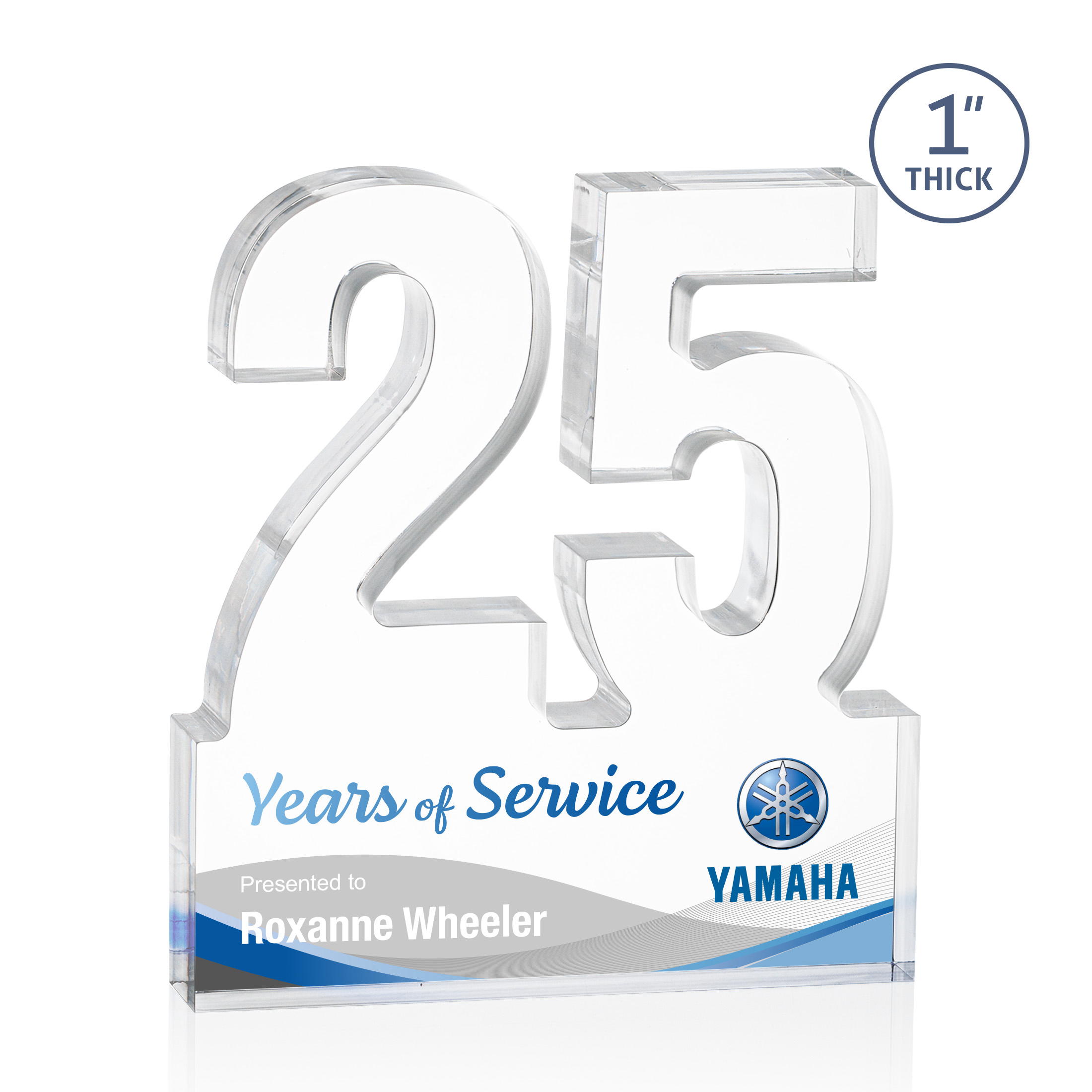 Freestanding acrylic award with molded numbers and a customizable engraved base.