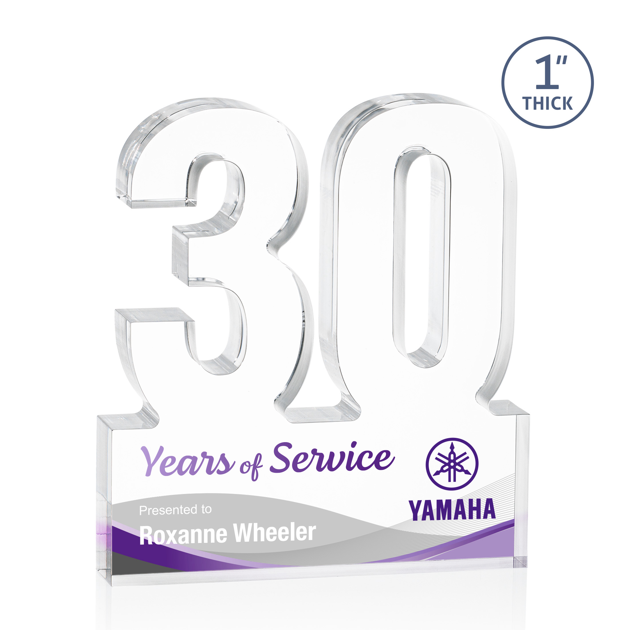Freestanding acrylic award with molded numbers and a customizable engraved base.