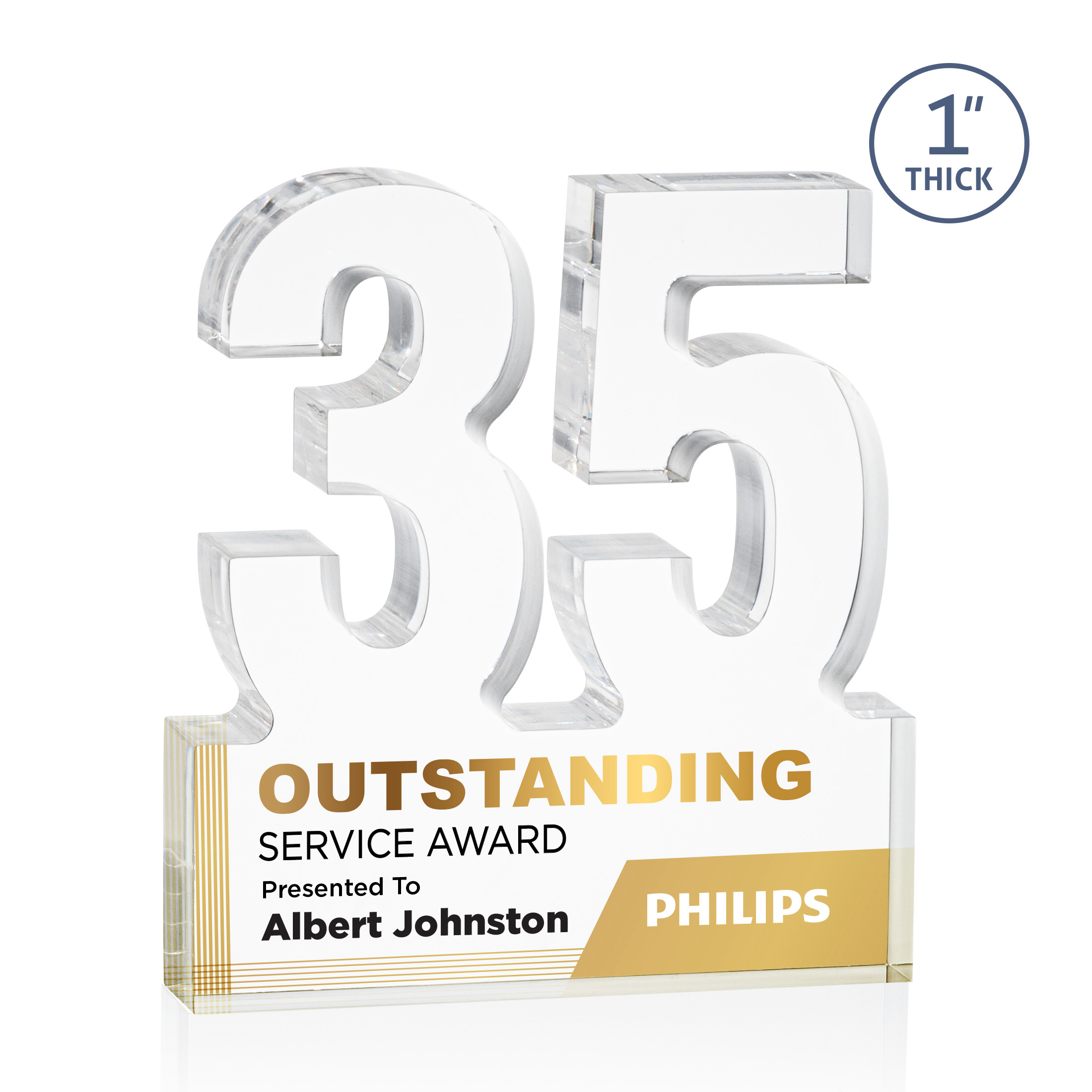 Freestanding acrylic award with molded numbers and a customizable engraved base.