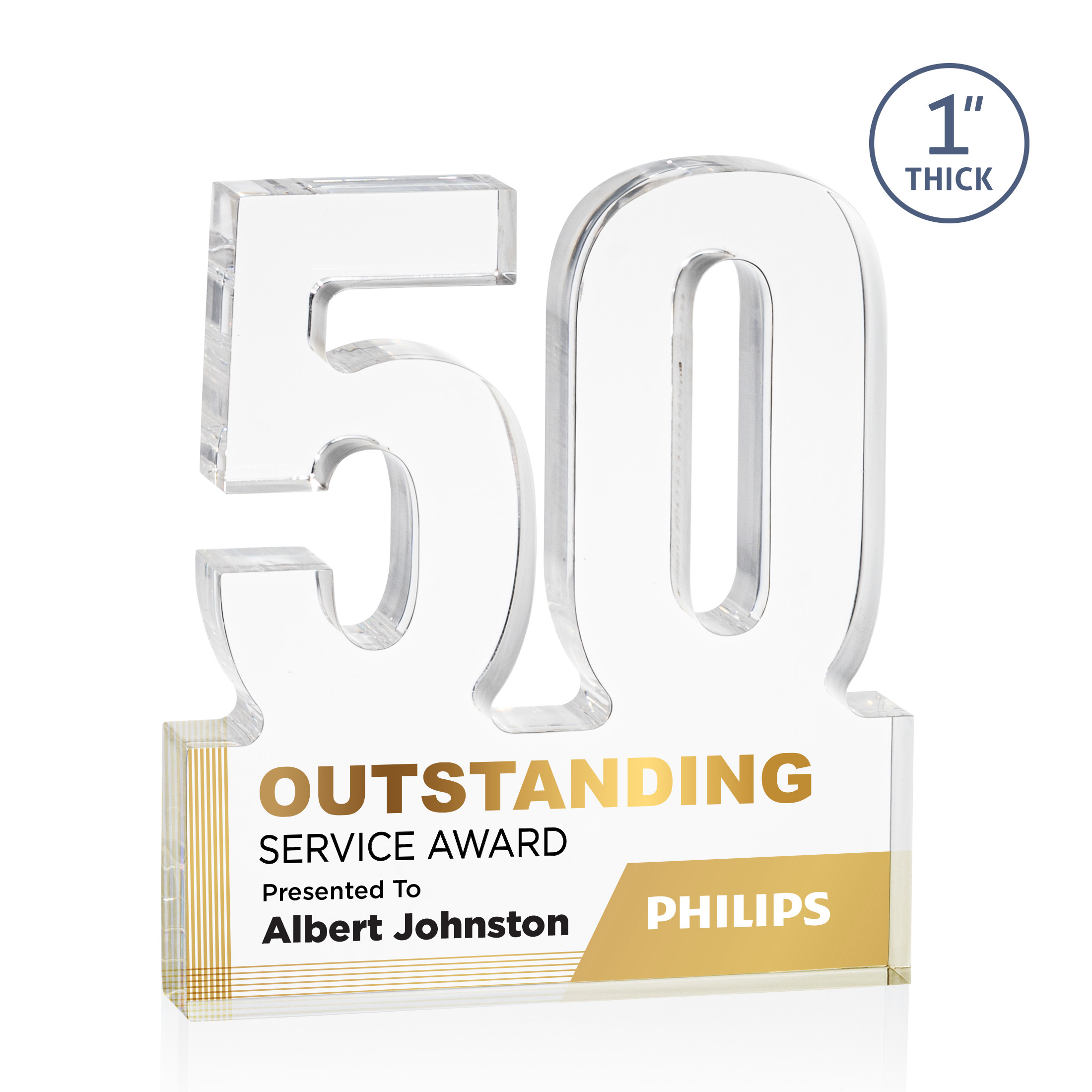Freestanding acrylic award with molded numbers and a customizable engraved base.