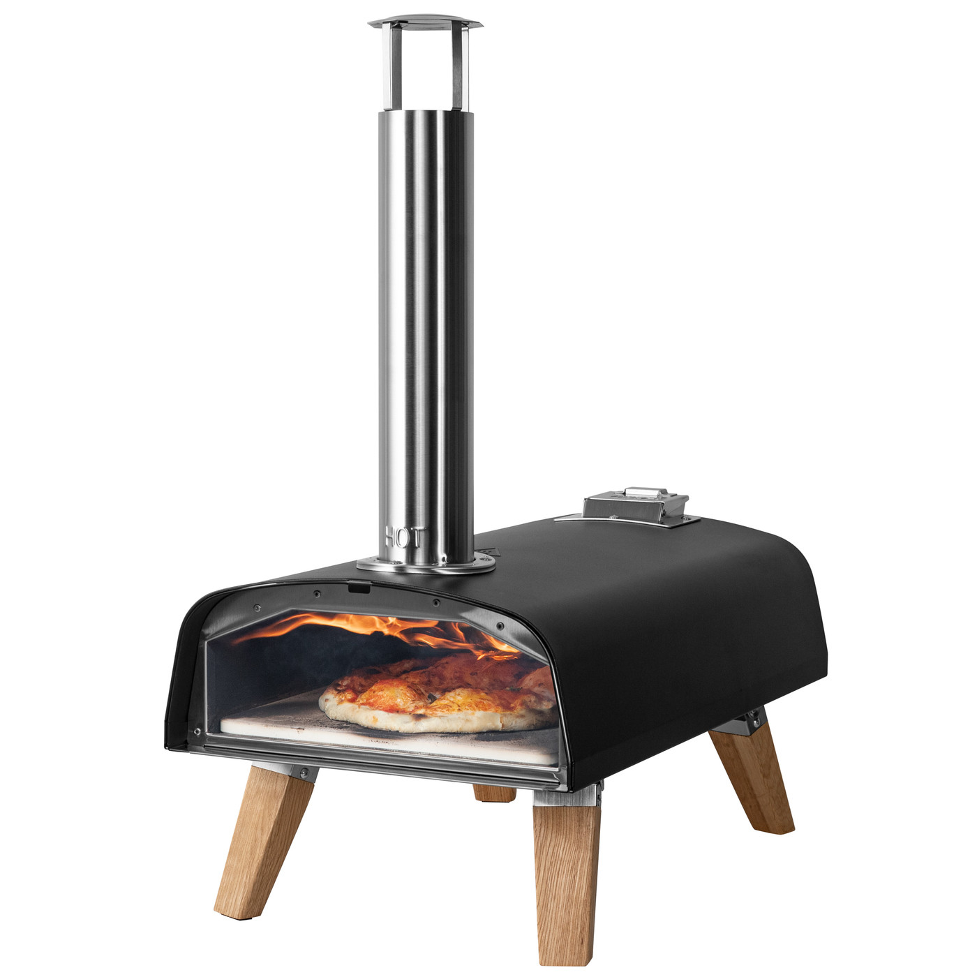 Black outdoor pizza oven with stainless steel construction and stylish European oak accents, designed for high-temperature wood pellet cooking and crispy homemade pizza.