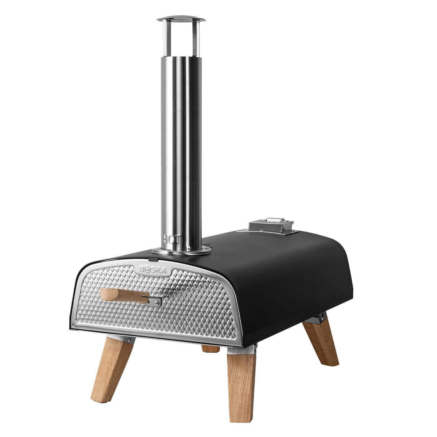 Black outdoor pizza oven with stainless steel construction and stylish European oak accents, designed for high-temperature wood pellet cooking and crispy homemade pizza.