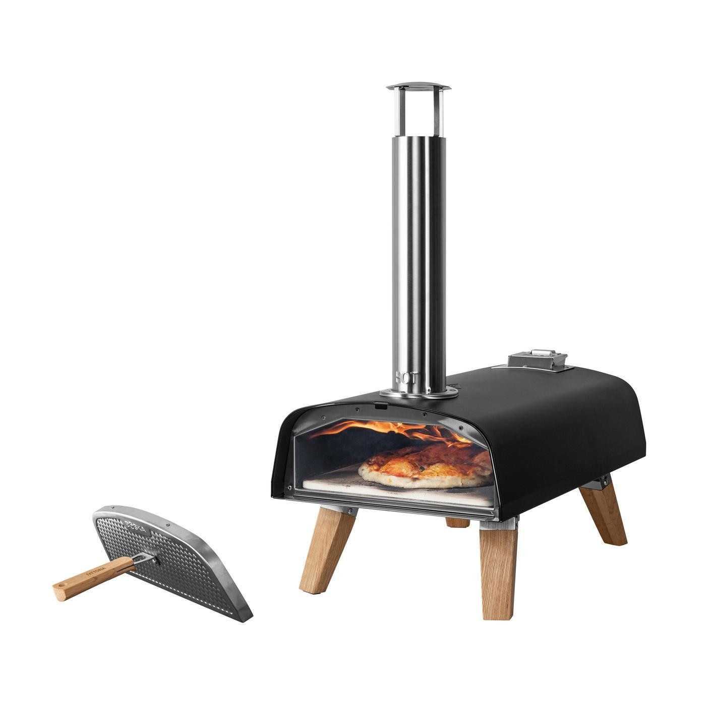 Black outdoor pizza oven with stainless steel construction and stylish European oak accents, designed for high-temperature wood pellet cooking and crispy homemade pizza.
