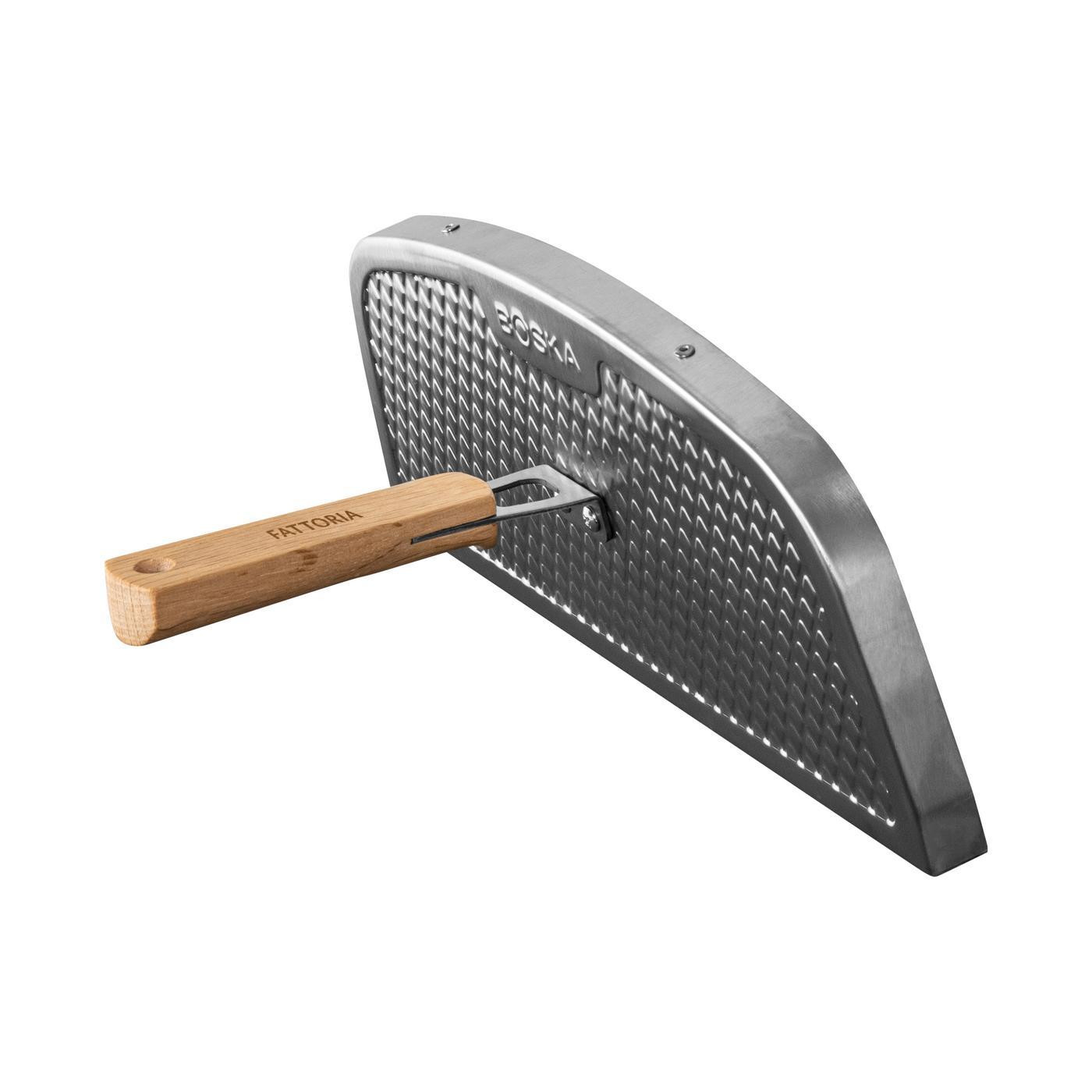 Black outdoor pizza oven with stainless steel construction and stylish European oak accents, designed for high-temperature wood pellet cooking and crispy homemade pizza.
