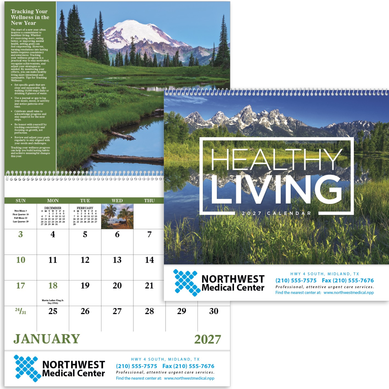Healthy Living Spiral Calendar featuring scenic landscape photography and monthly wellness tips, glossy spiral-bound pages with monthly calendar grids, designed as a wall calendar for home, office, and scheduling.