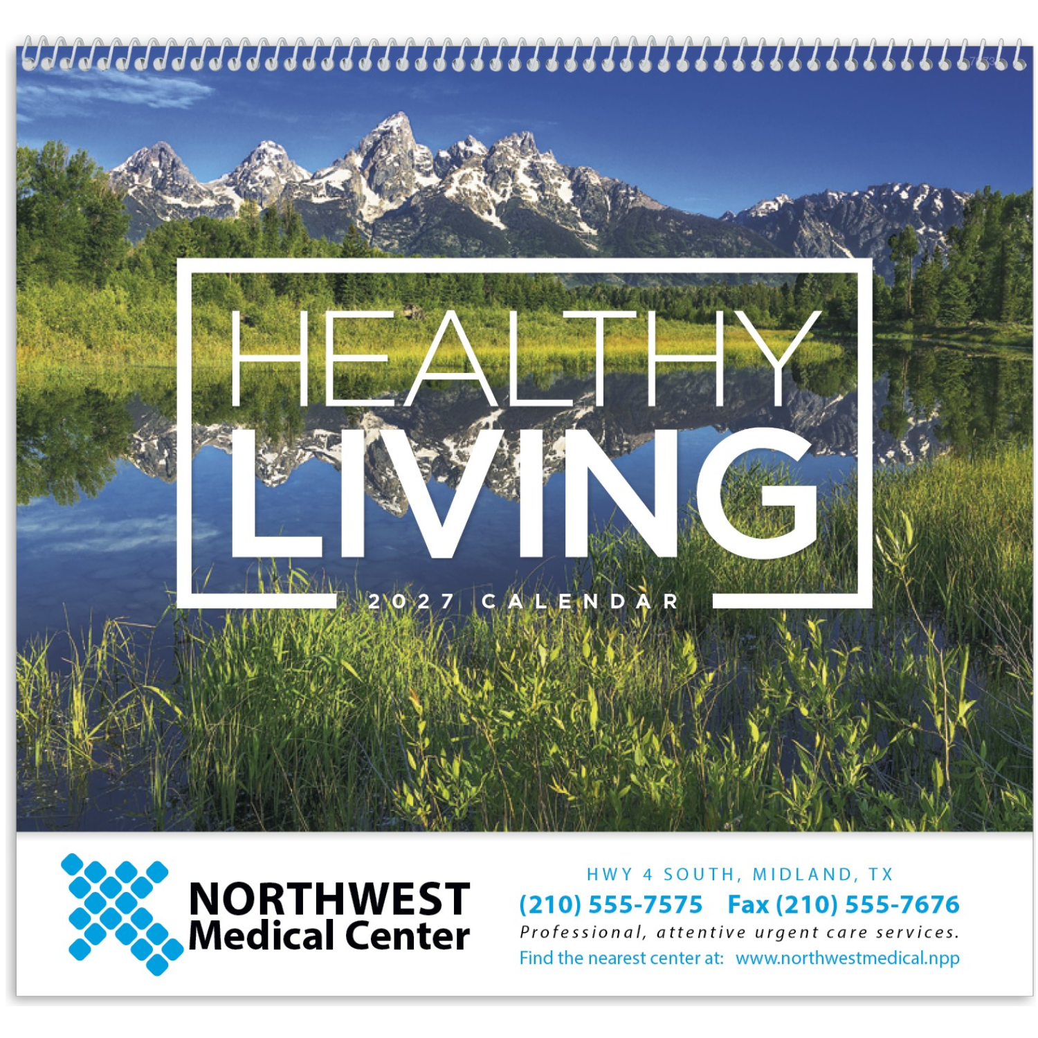 Healthy Living Spiral Calendar featuring scenic landscape photography and monthly wellness tips, glossy spiral-bound pages with monthly calendar grids, designed as a wall calendar for home, office, and scheduling.
