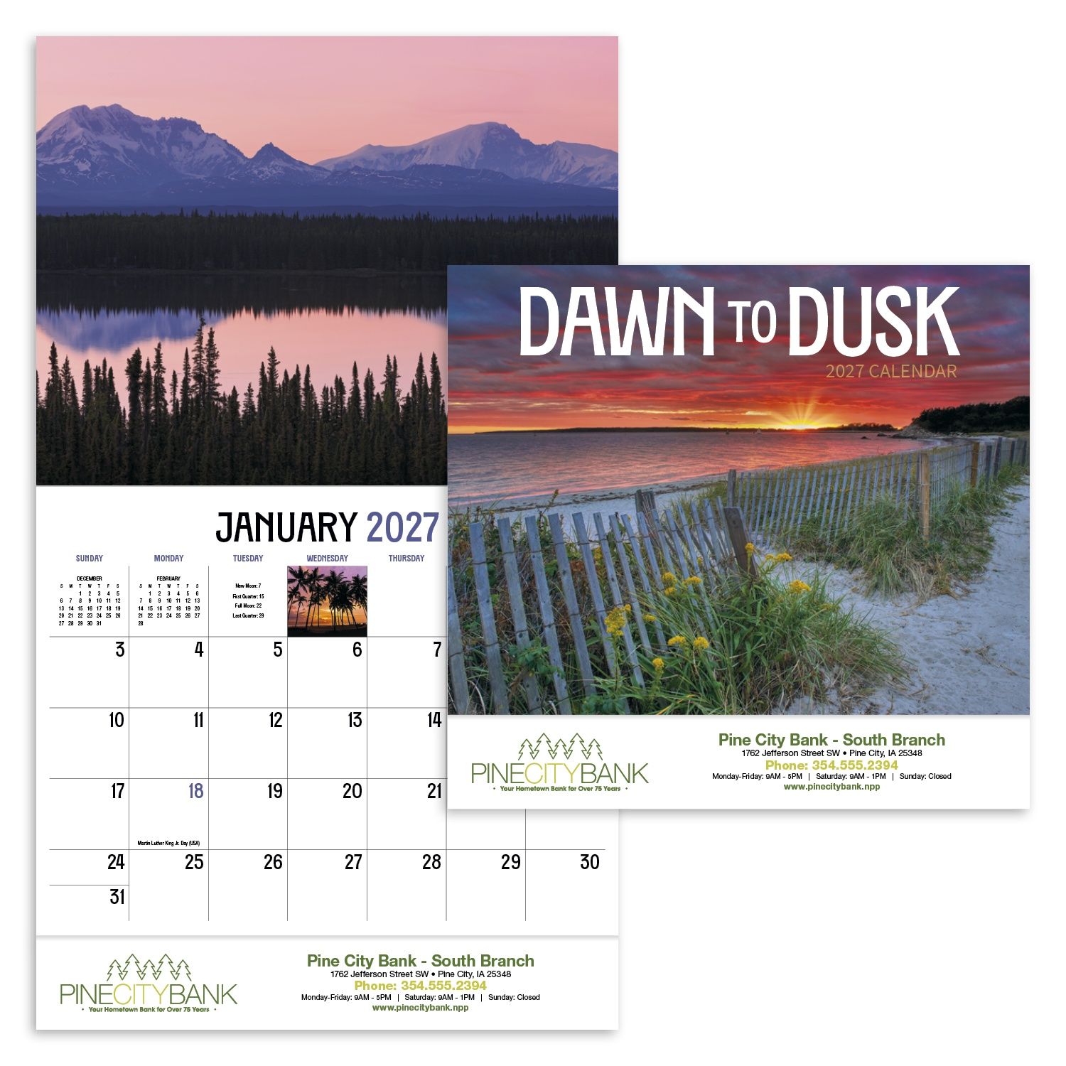 2027 appointment calendar featuring serene sunrise and sunset landscape imagery, a glossy UV-coated cover, and a practical monthly planning layout for organizing schedules.