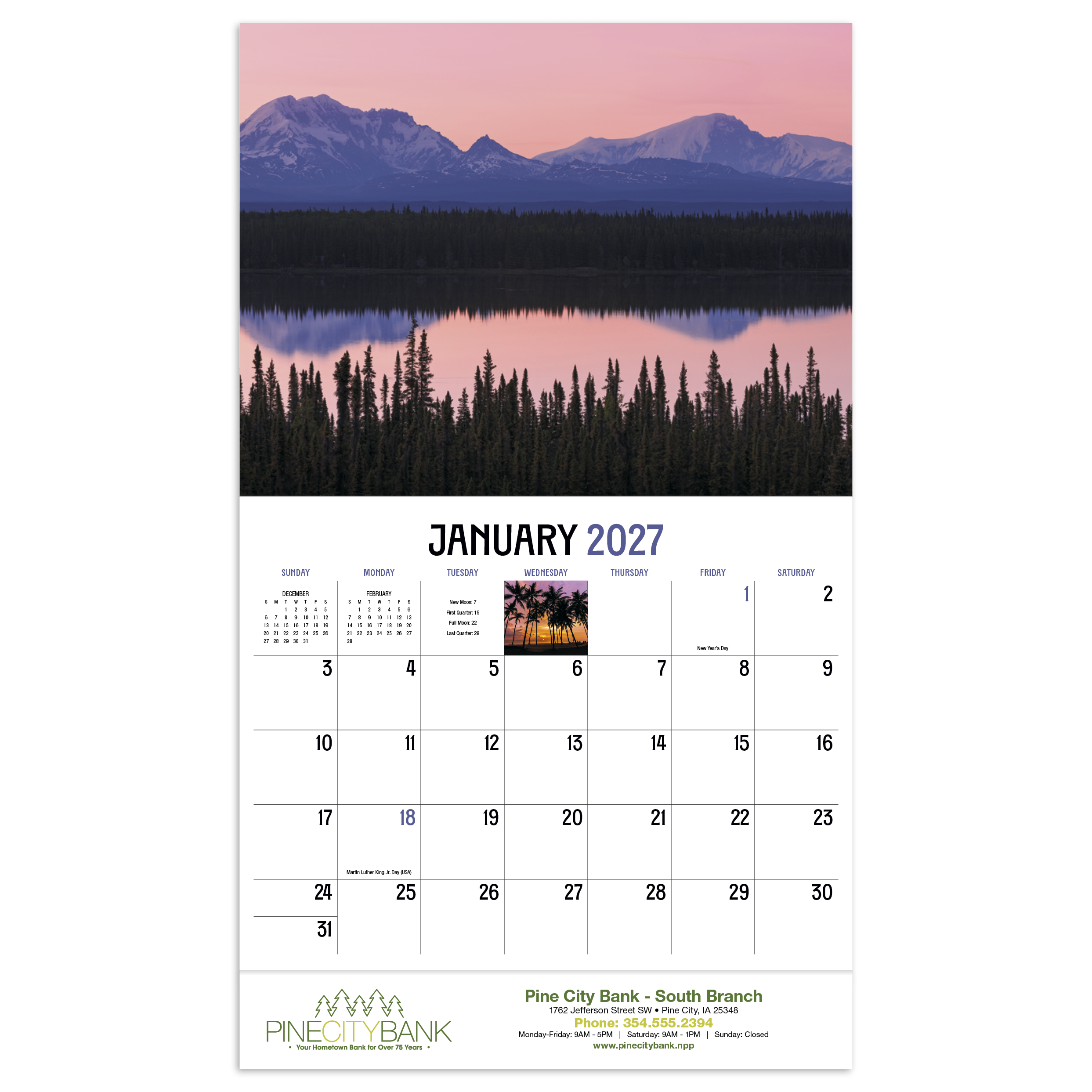2027 appointment calendar featuring serene sunrise and sunset landscape imagery, a glossy UV-coated cover, and a practical monthly planning layout for organizing schedules.