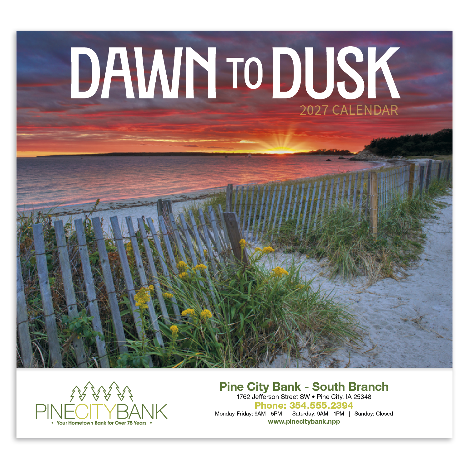 2027 appointment calendar featuring serene sunrise and sunset landscape imagery, a glossy UV-coated cover, and a practical monthly planning layout for organizing schedules.