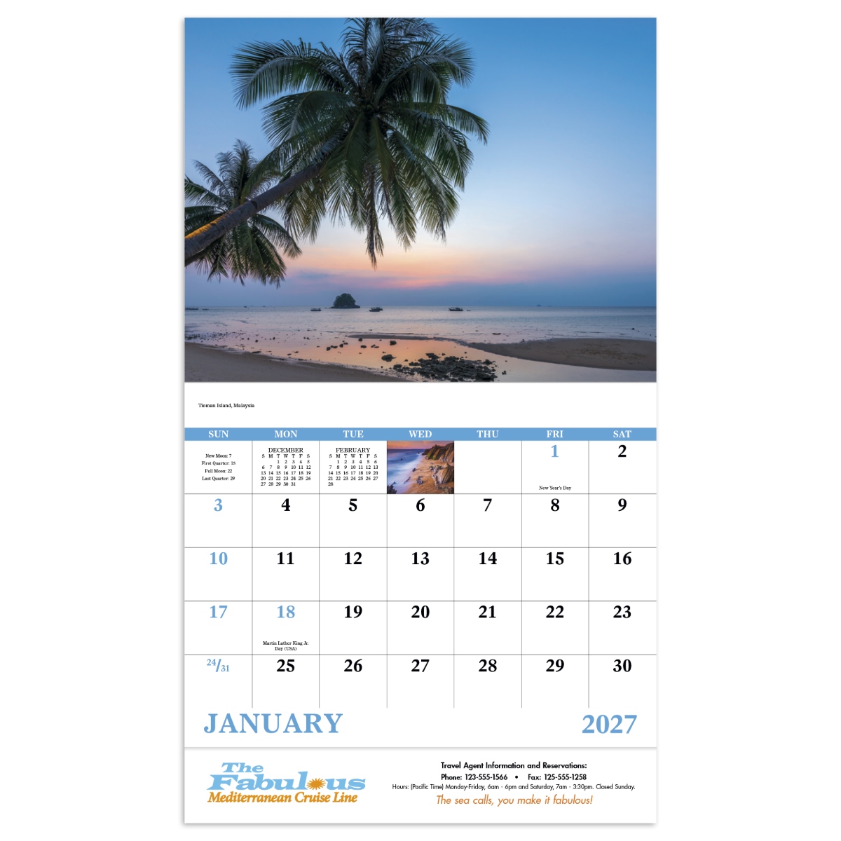 Wall calendar featuring beautiful tropical beaches and relaxing coastal scenery.