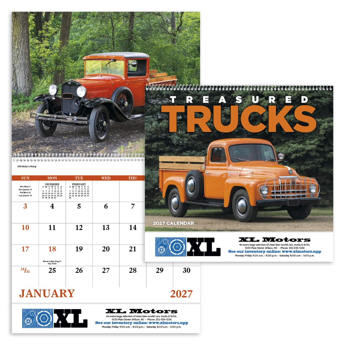 Spiral wall calendar featuring vintage trucks and classic automotive photography.
