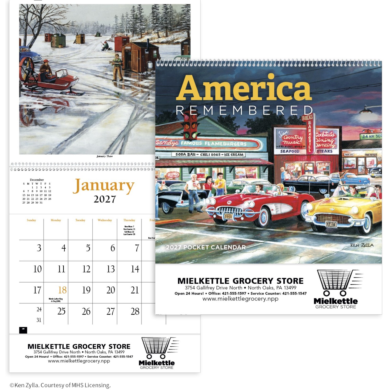 America Remembered Pocket Calendar featuring nostalgic Americana artwork by Ken Zylla, a pocket-style wall calendar with monthly calendar grids, built-in storage pockets for receipts and reminders, and a compact design for home, office, and everyday organization.