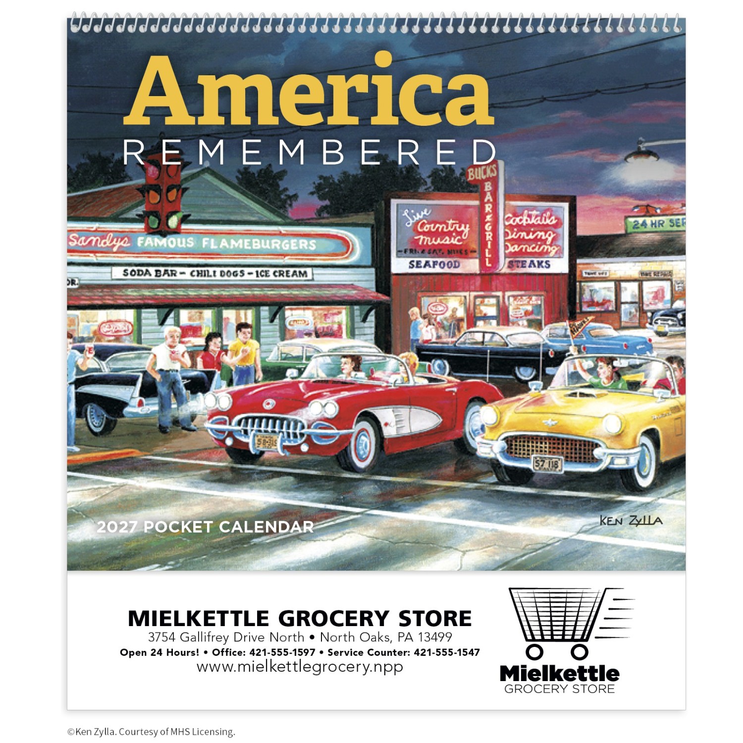 America Remembered Pocket Calendar featuring nostalgic Americana artwork by Ken Zylla, a pocket-style wall calendar with monthly calendar grids, built-in storage pockets for receipts and reminders, and a compact design for home, office, and everyday organization.