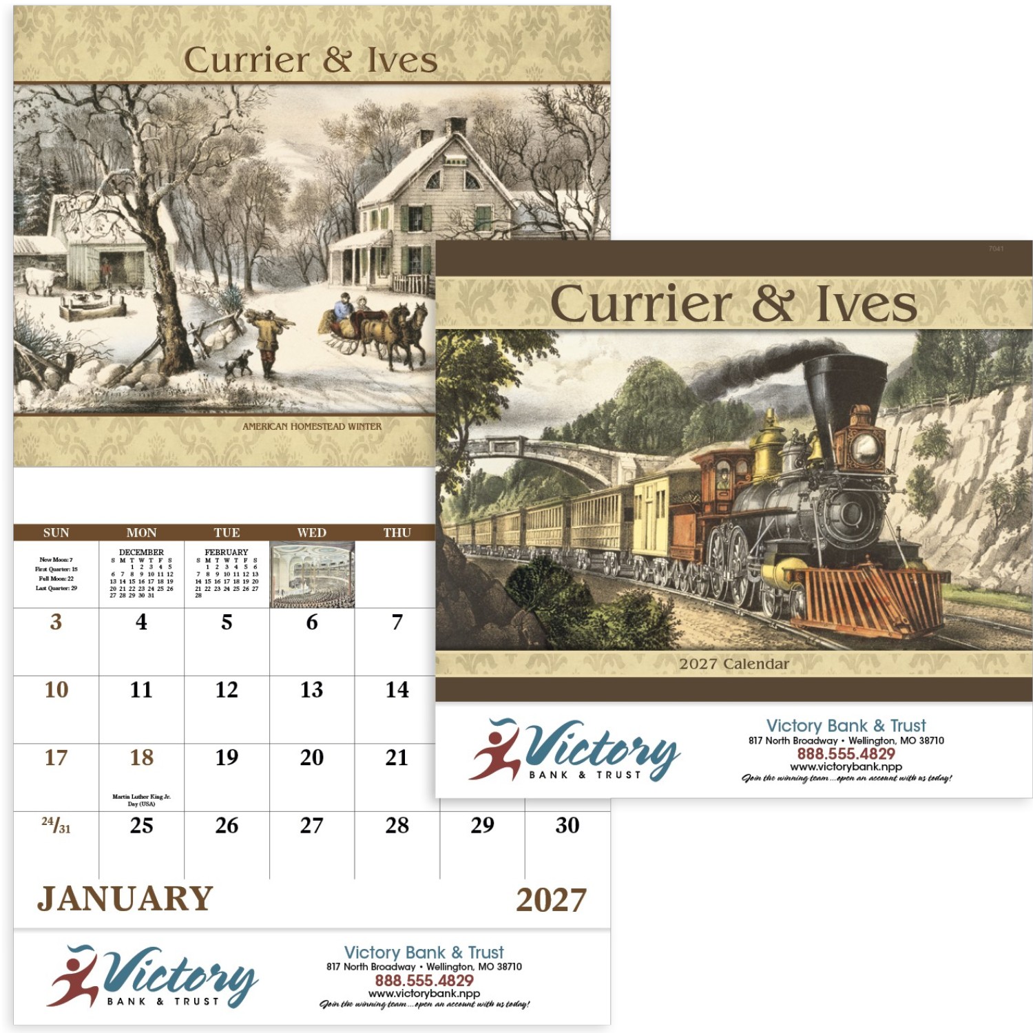 Currier & Ives Stapled Calendar featuring classic Americana artwork by Currier & Ives, full-color monthly illustrations, glossy stapled pages, and monthly calendar grids, designed as a wall calendar for home, office, and year-round scheduling.