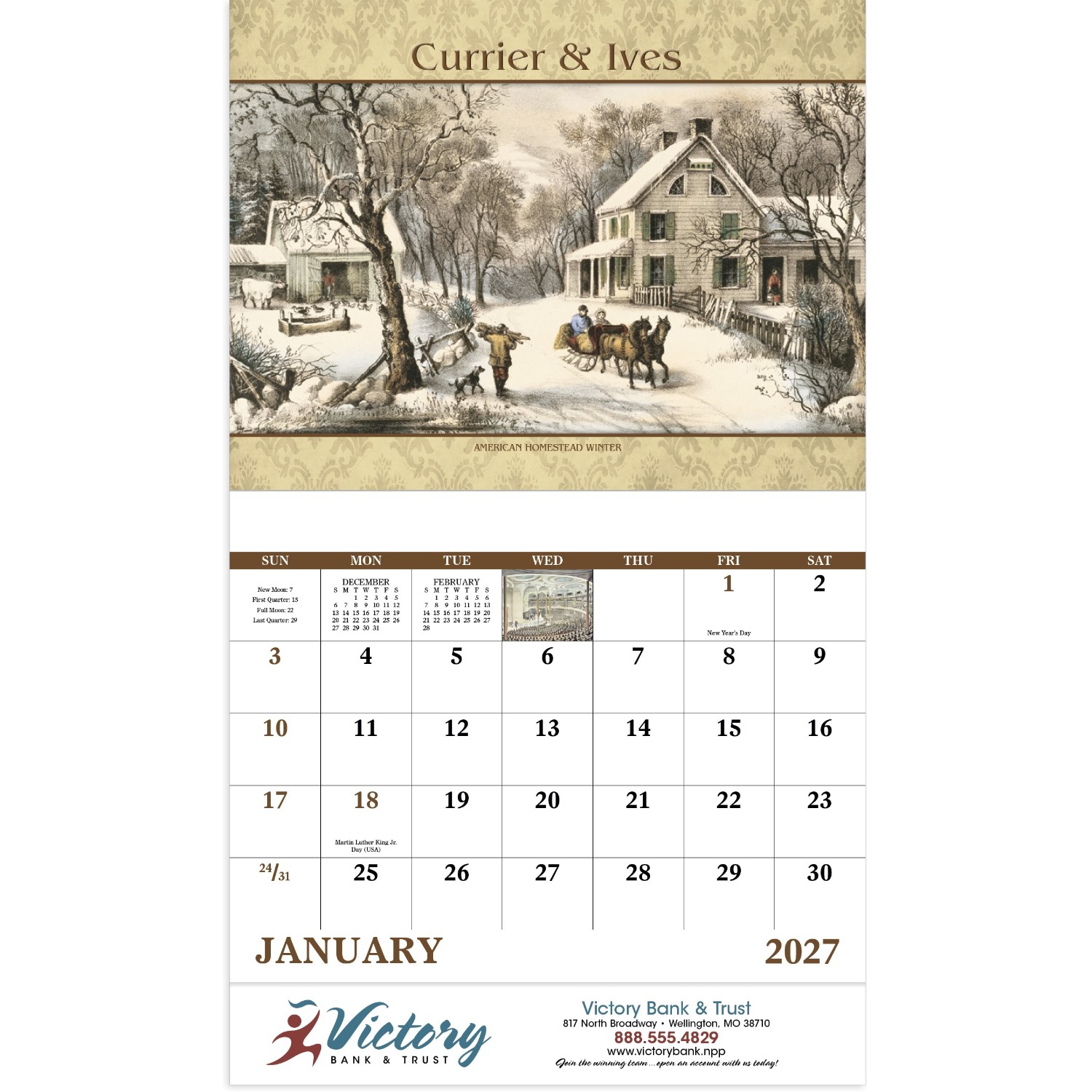 Currier & Ives Stapled Calendar featuring classic Americana artwork by Currier & Ives, full-color monthly illustrations, glossy stapled pages, and monthly calendar grids, designed as a wall calendar for home, office, and year-round scheduling.