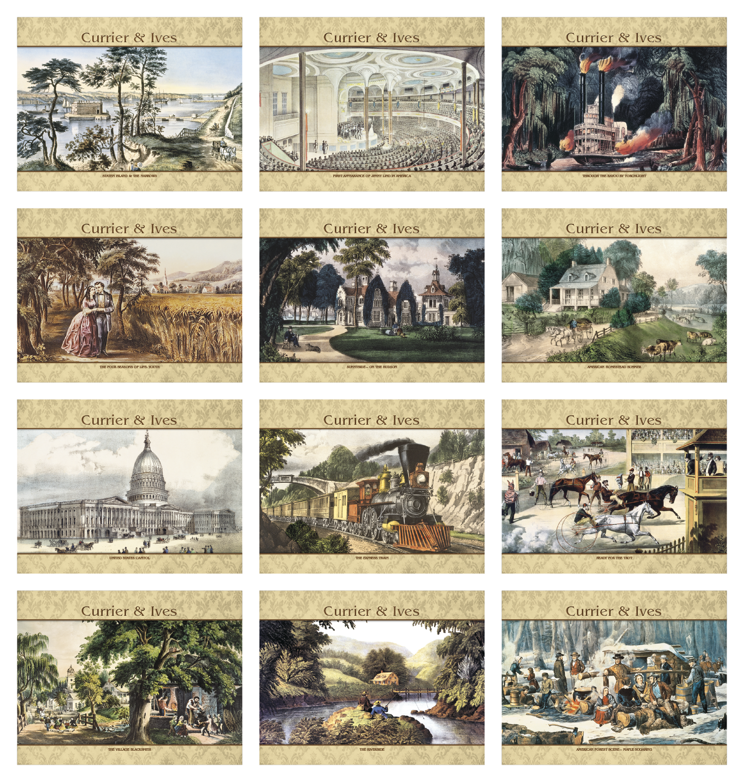 Currier & Ives Stapled Calendar featuring classic Americana artwork by Currier & Ives, full-color monthly illustrations, glossy stapled pages, and monthly calendar grids, designed as a wall calendar for home, office, and year-round scheduling.