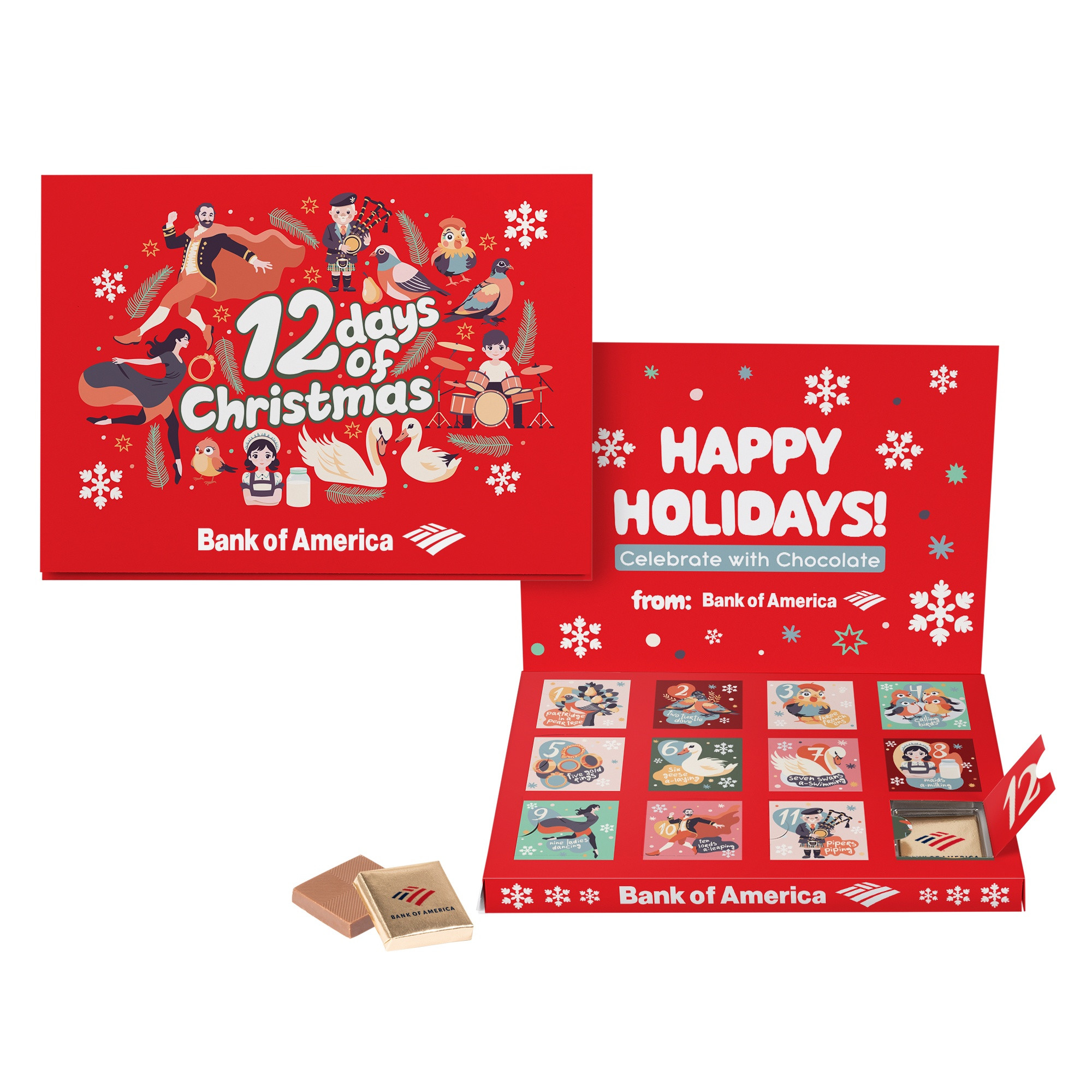 White custom countdown card with 12 numbered opening windows, designed with a chocolate-filled countdown format for events, celebrations, and special occasions.