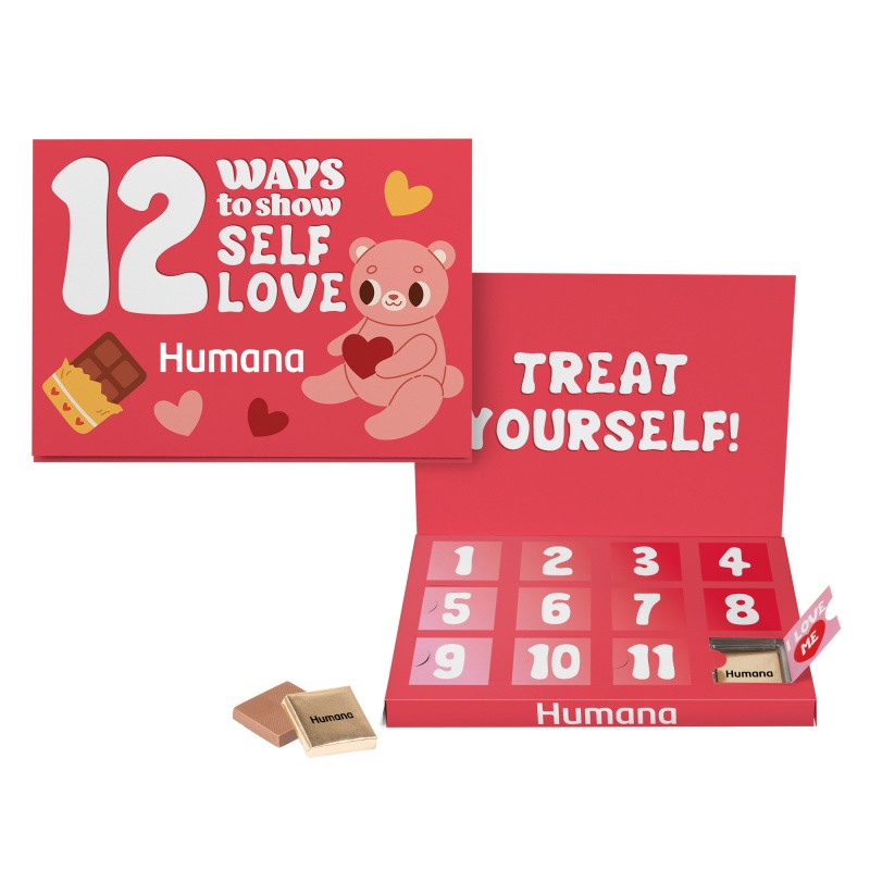 White custom countdown card with 12 numbered opening windows, designed with a chocolate-filled countdown format for events, celebrations, and special occasions.