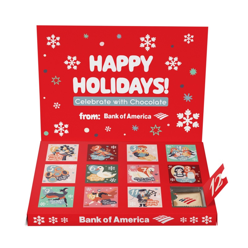 White custom countdown card with 12 numbered opening windows, designed with a chocolate-filled countdown format for events, celebrations, and special occasions.