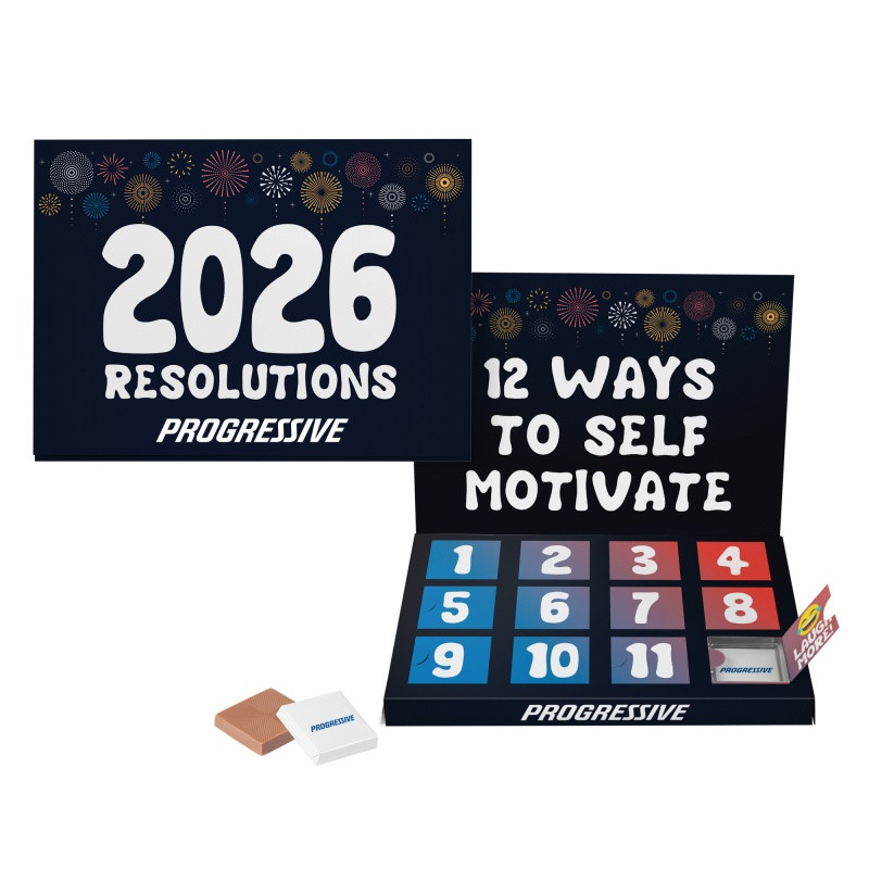 White custom countdown card with 12 numbered opening windows, designed with a chocolate-filled countdown format for events, celebrations, and special occasions.