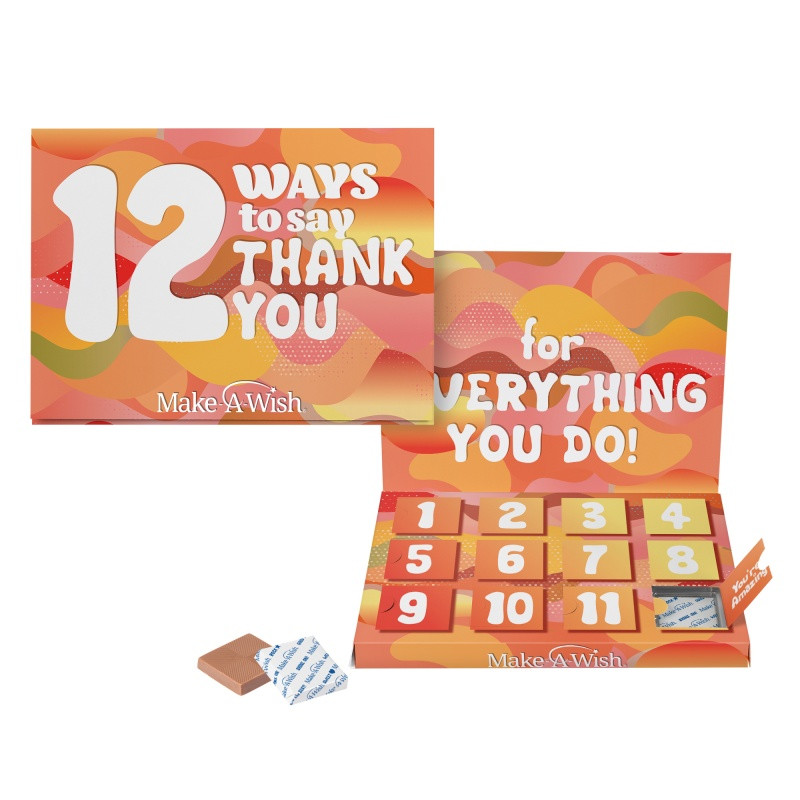 White custom countdown card with 12 numbered opening windows, designed with a chocolate-filled countdown format for events, celebrations, and special occasions.