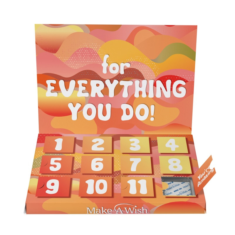 White custom countdown card with 12 numbered opening windows, designed with a chocolate-filled countdown format for events, celebrations, and special occasions.