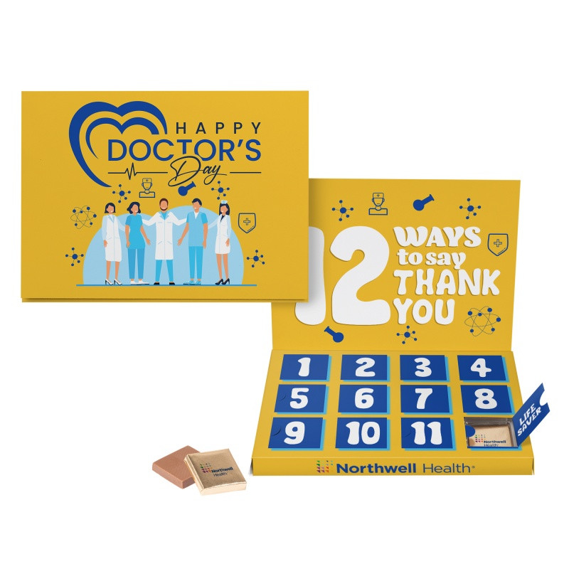 White custom countdown card with 12 numbered opening windows, designed with a chocolate-filled countdown format for events, celebrations, and special occasions.