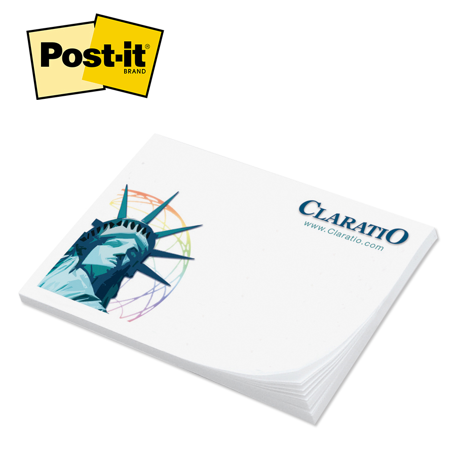 White Post-it® custom printed adhesive note pad made from uncoated paper with a convenient adhesive backing, available in 25 or 50 sheets for notes, reminders, office organization, and promotional use.