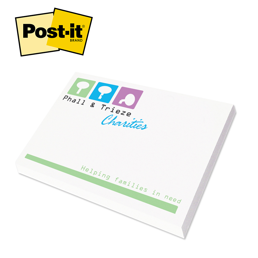 White Post-it® custom printed adhesive note pad made from uncoated paper with a convenient adhesive backing, available in 25 or 50 sheets for notes, reminders, office organization, and promotional use.