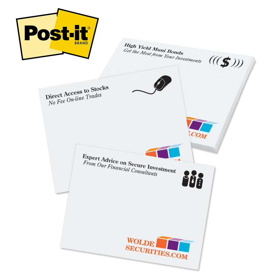 White Post-it® custom printed adhesive note pad made from uncoated paper with a convenient adhesive backing, available in 25 or 50 sheets for notes, reminders, office organization, and promotional use.