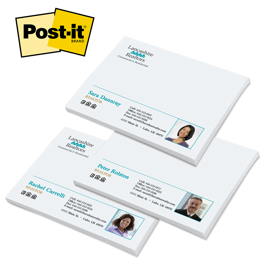 White Post-it® custom printed adhesive note pad made from uncoated paper with a convenient adhesive backing, available in 25 or 50 sheets for notes, reminders, office organization, and promotional use.