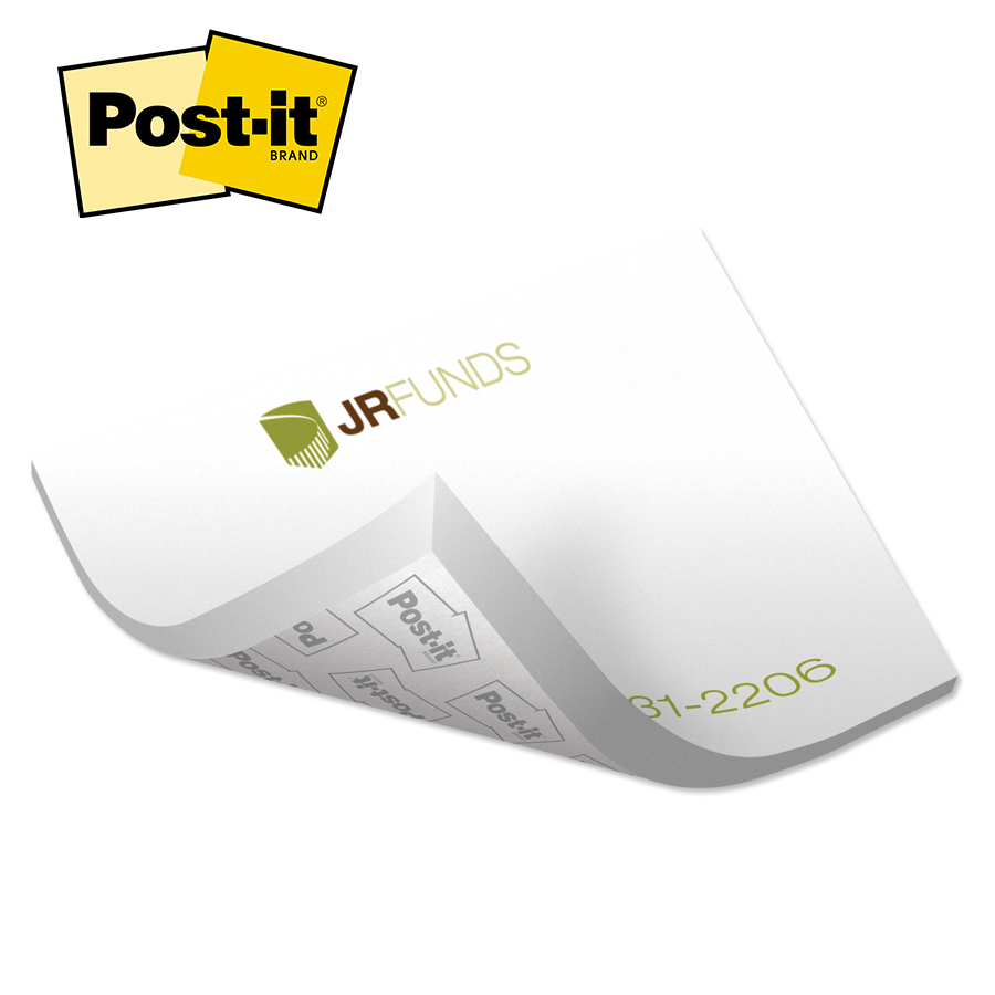 White Post-it® custom printed adhesive note pad made from uncoated paper with a convenient adhesive backing, available in 25 or 50 sheets for notes, reminders, office organization, and promotional use.