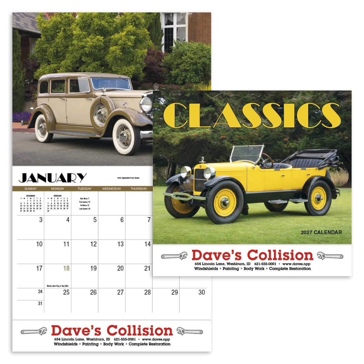 Wall appointment calendar featuring classic automobiles and vintage car photography.