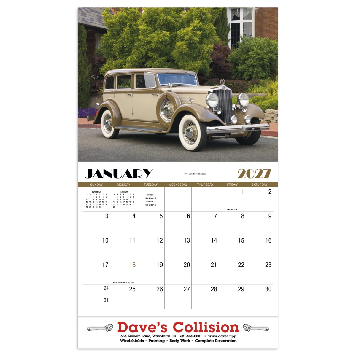 Wall appointment calendar featuring classic automobiles and vintage car photography.