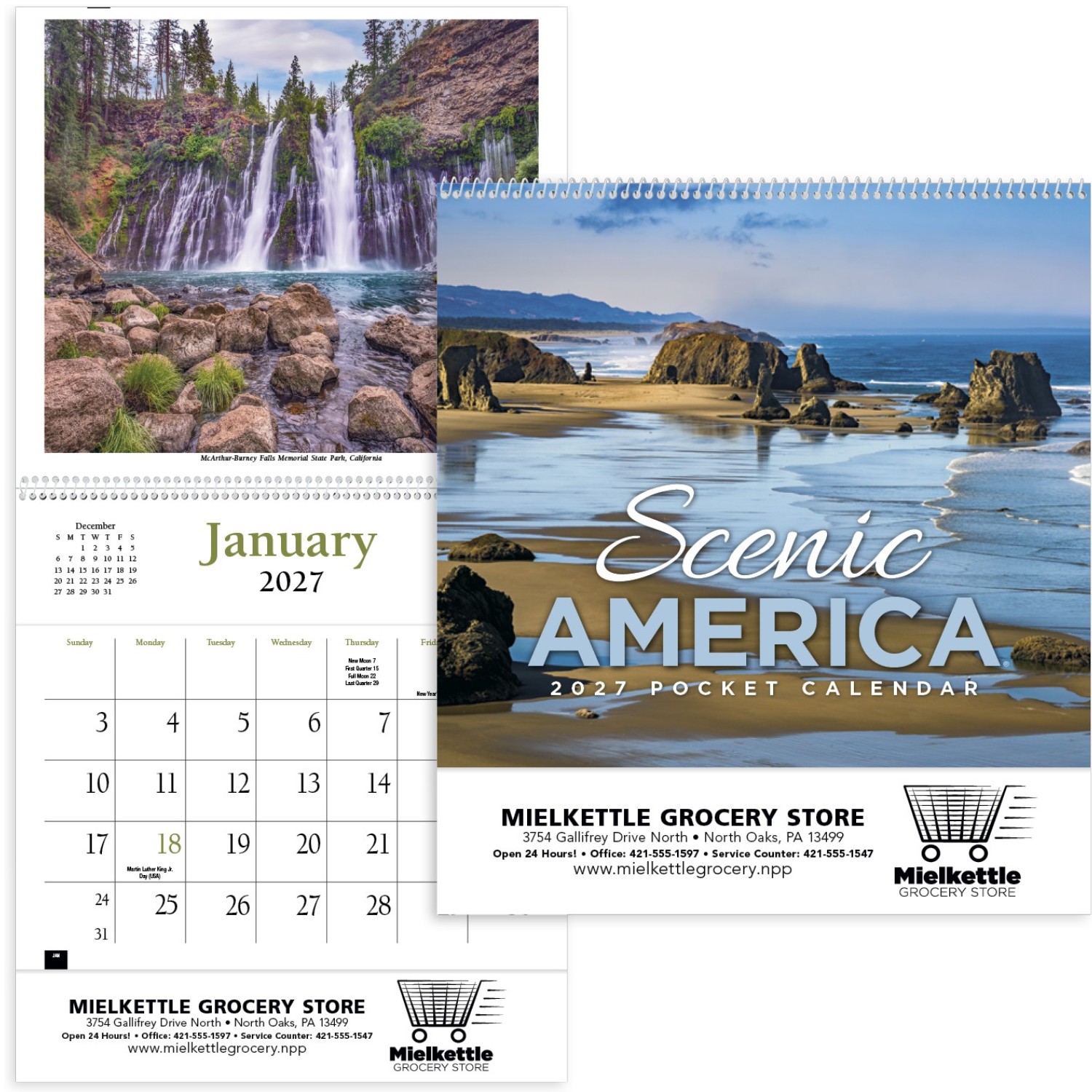 Scenic America® Pocket Calendar featuring scenic photography of America's landscapes, a pocket-style wall calendar with monthly calendar grids, built-in storage pockets for receipts and reminders, and a compact design for home, office, and everyday organization.