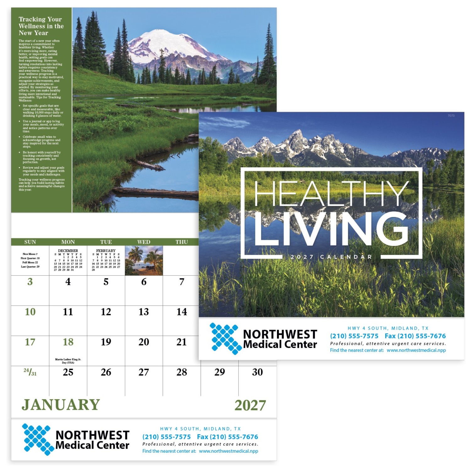 Healthy Living Stapled Calendar featuring beautiful scenic landscape photography and monthly wellness tips, glossy stapled pages with monthly calendar grids, and a wall calendar design for home, office, and year-round scheduling.