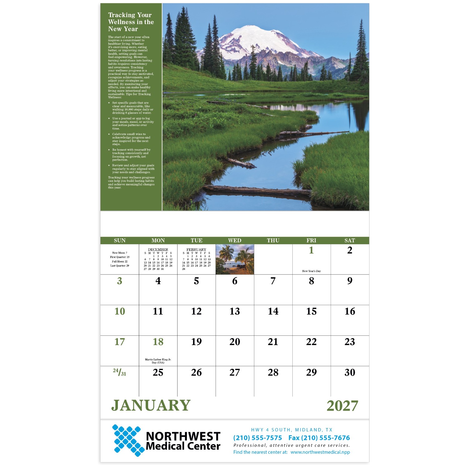 Healthy Living Stapled Calendar featuring beautiful scenic landscape photography and monthly wellness tips, glossy stapled pages with monthly calendar grids, and a wall calendar design for home, office, and year-round scheduling.