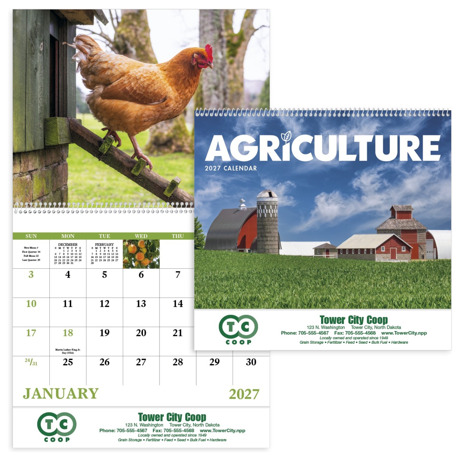 Agriculture Spiral Calendar featuring photography of farming landscapes, crops, tractors, and rural scenes, glossy spiral-bound pages with monthly calendar grids, and a wall calendar design for farms, offices, and year-round scheduling.
